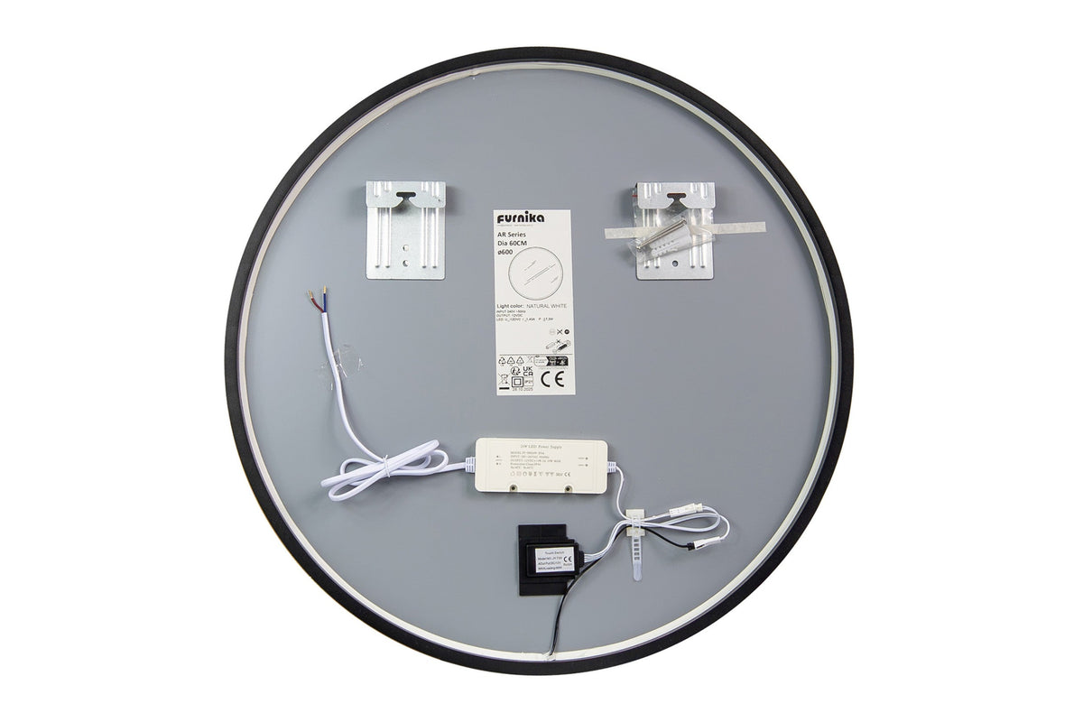 Orion LU LED 60 – Round LED Bathroom Mirror with Black Frame & Acrylic Light Ring, 60 cm