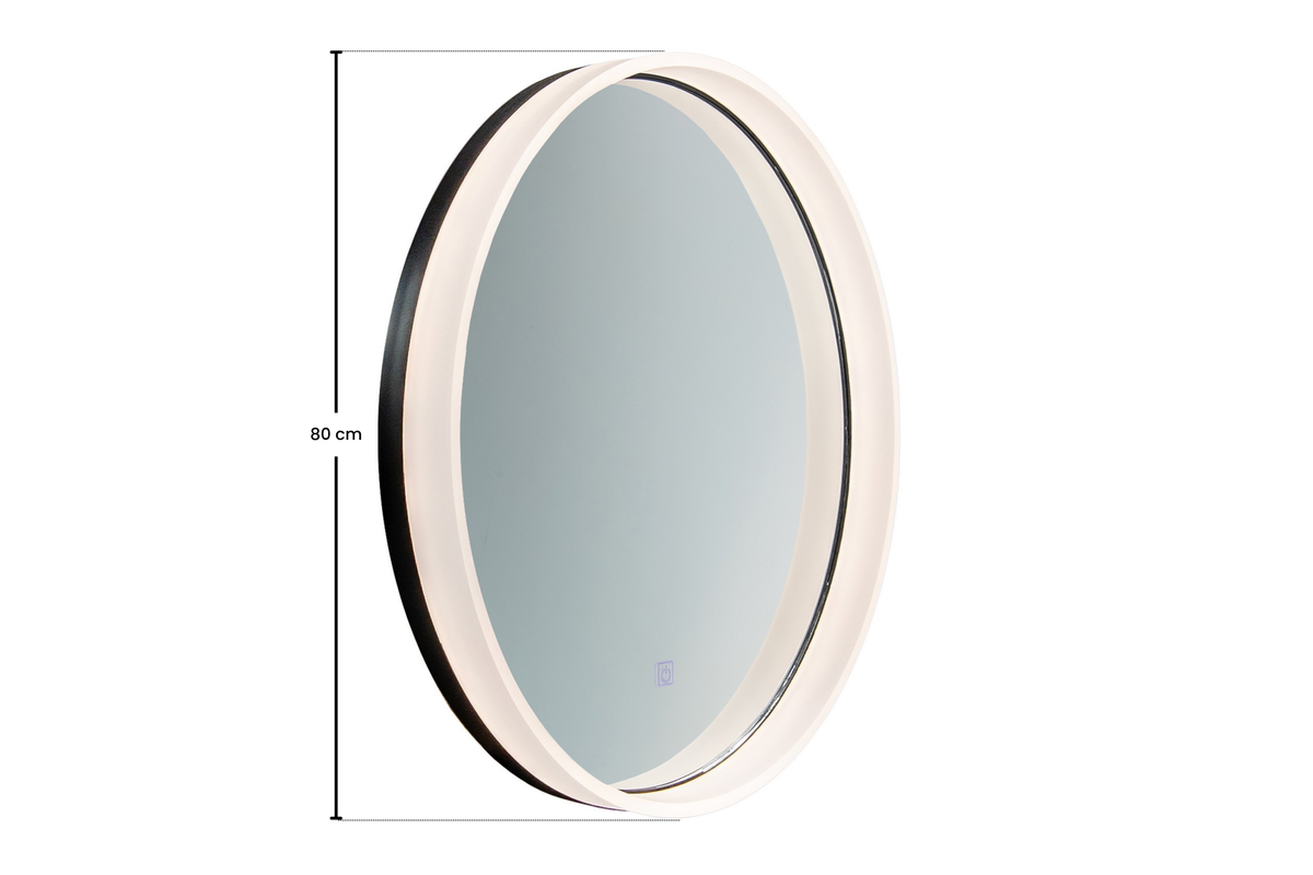 Orion LU LED 80 – Round LED Bathroom Mirror with Black Frame & Acrylic Light Ring, 80 cm