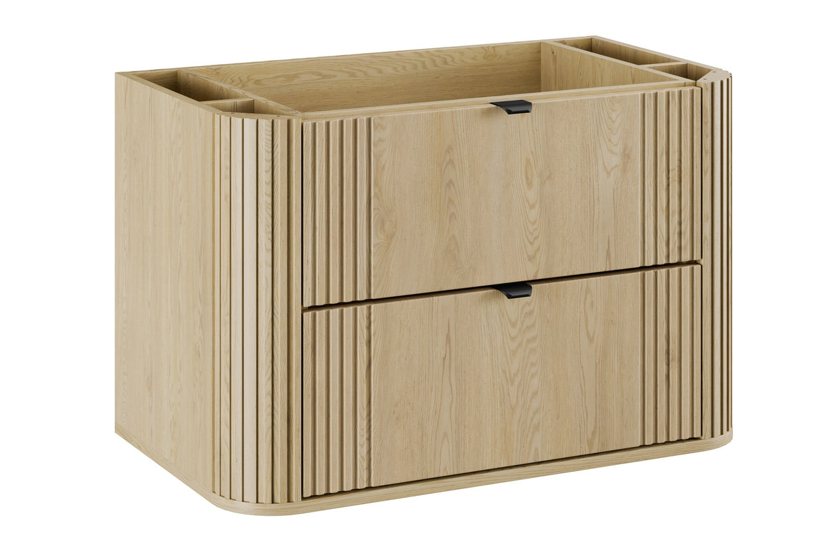 Ovalia Cremona vanity unit 80cm – Cremona Oak, 2 drawers, ribbed front with rounded corners, angled view
