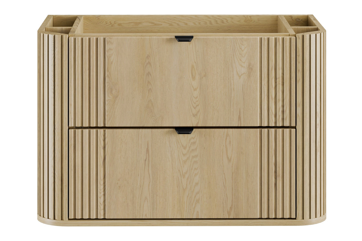 Ovalia Cremona vanity unit 80cm – Cremona Oak, front view, vertical ribbed MDF drawers with black metal handles