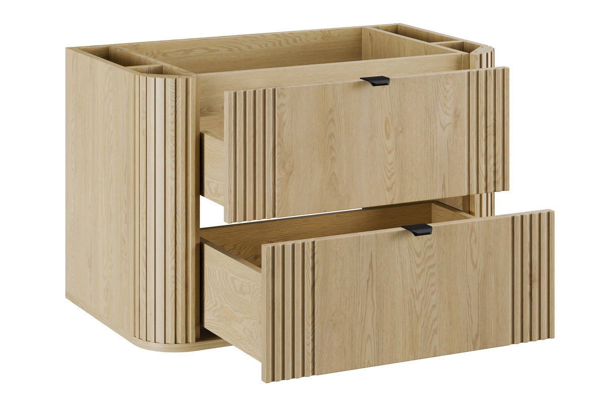 Ovalia Cremona vanity unit 80cm – both drawers open showing interior dimensions and soft-close runners
