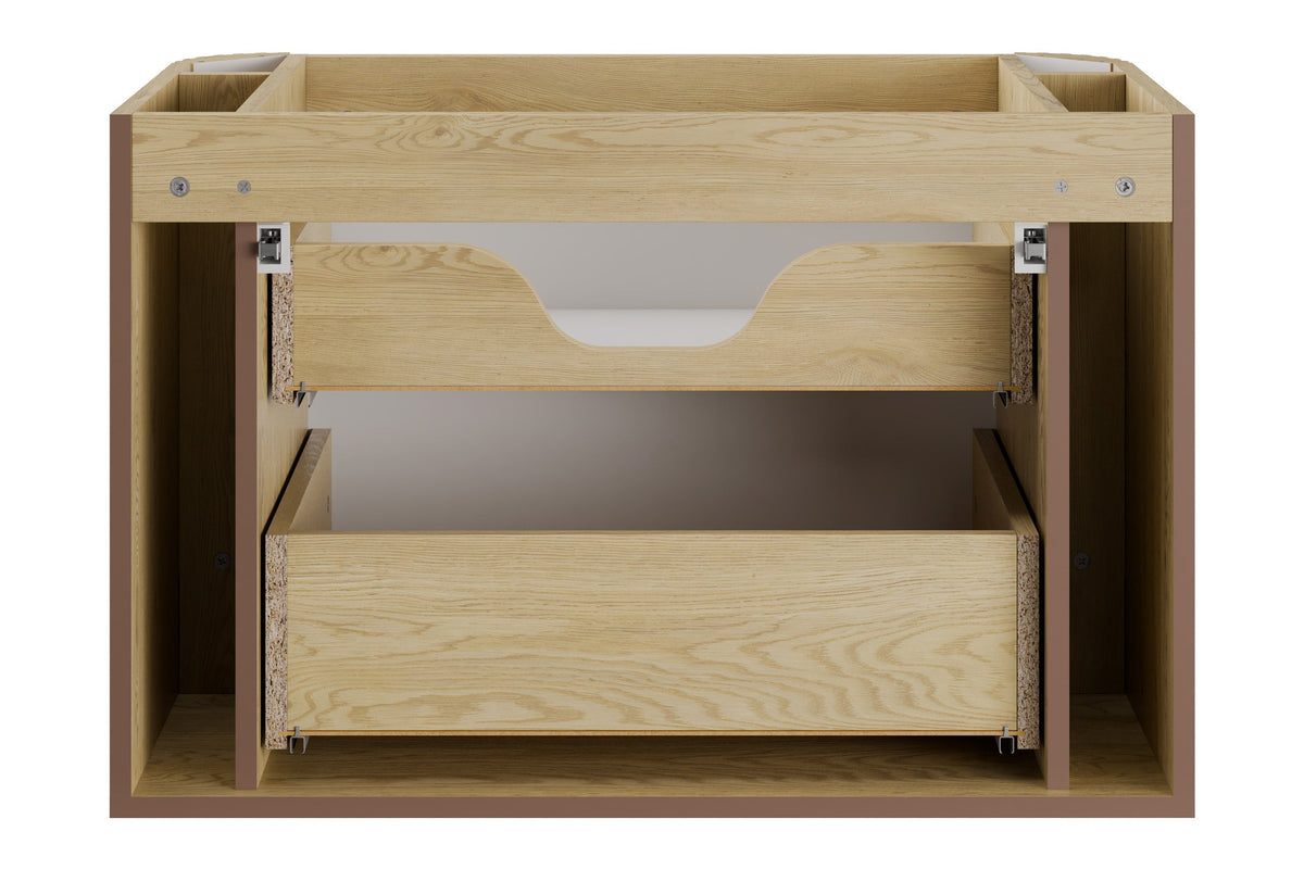 Ovalia Cremona vanity unit 80cm – rear view showing wall-mounting system and drawer mechanism