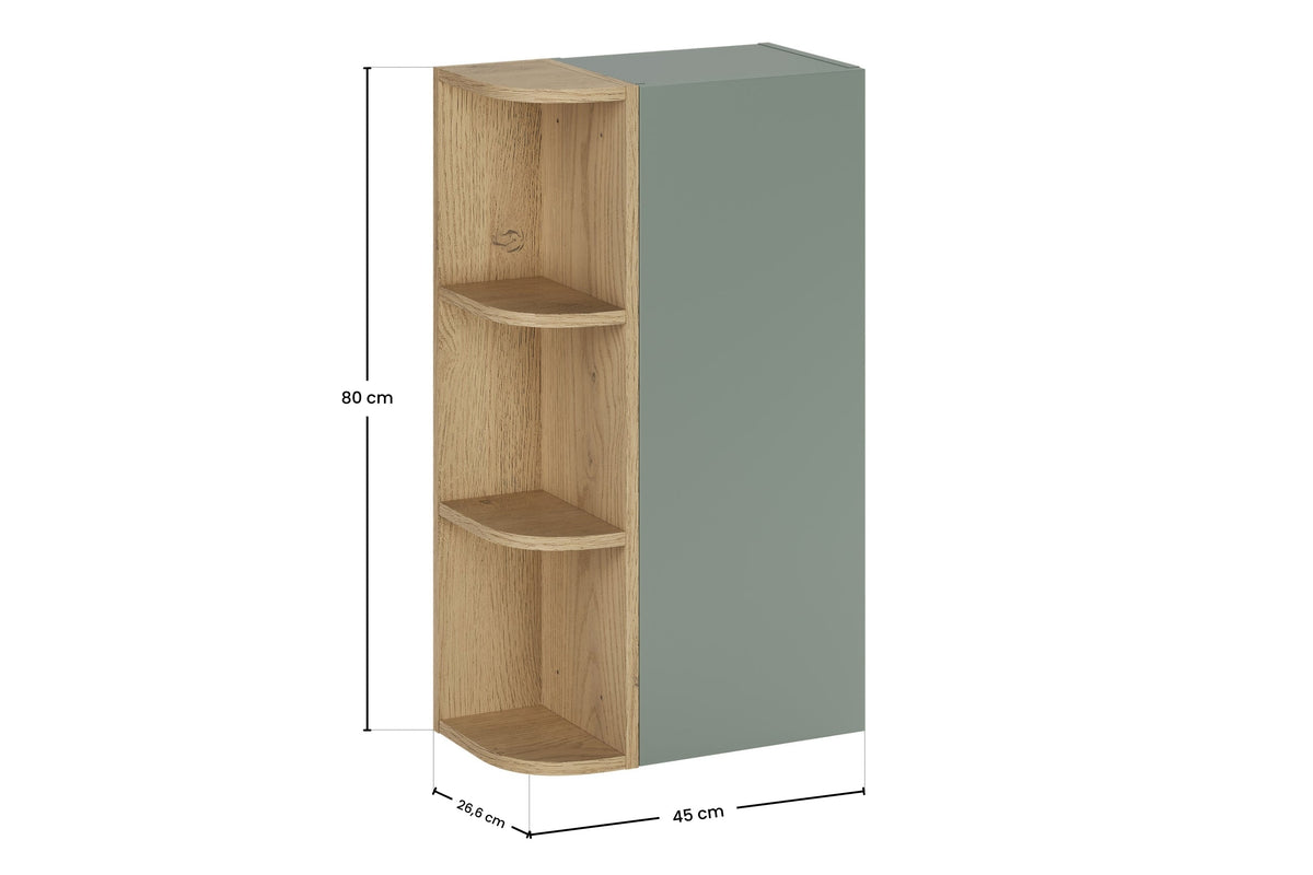 2× Aster Green Wandhängeschrank 1 Tür + 2× Cremona UN Eckregal – Aloe Matt / Eiche, 90 cm Set