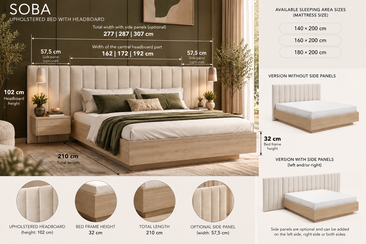SOBA Bett mit gepolstertem Kopfteil – Kopenhagener Eiche, 140 / 160 / 180 cm