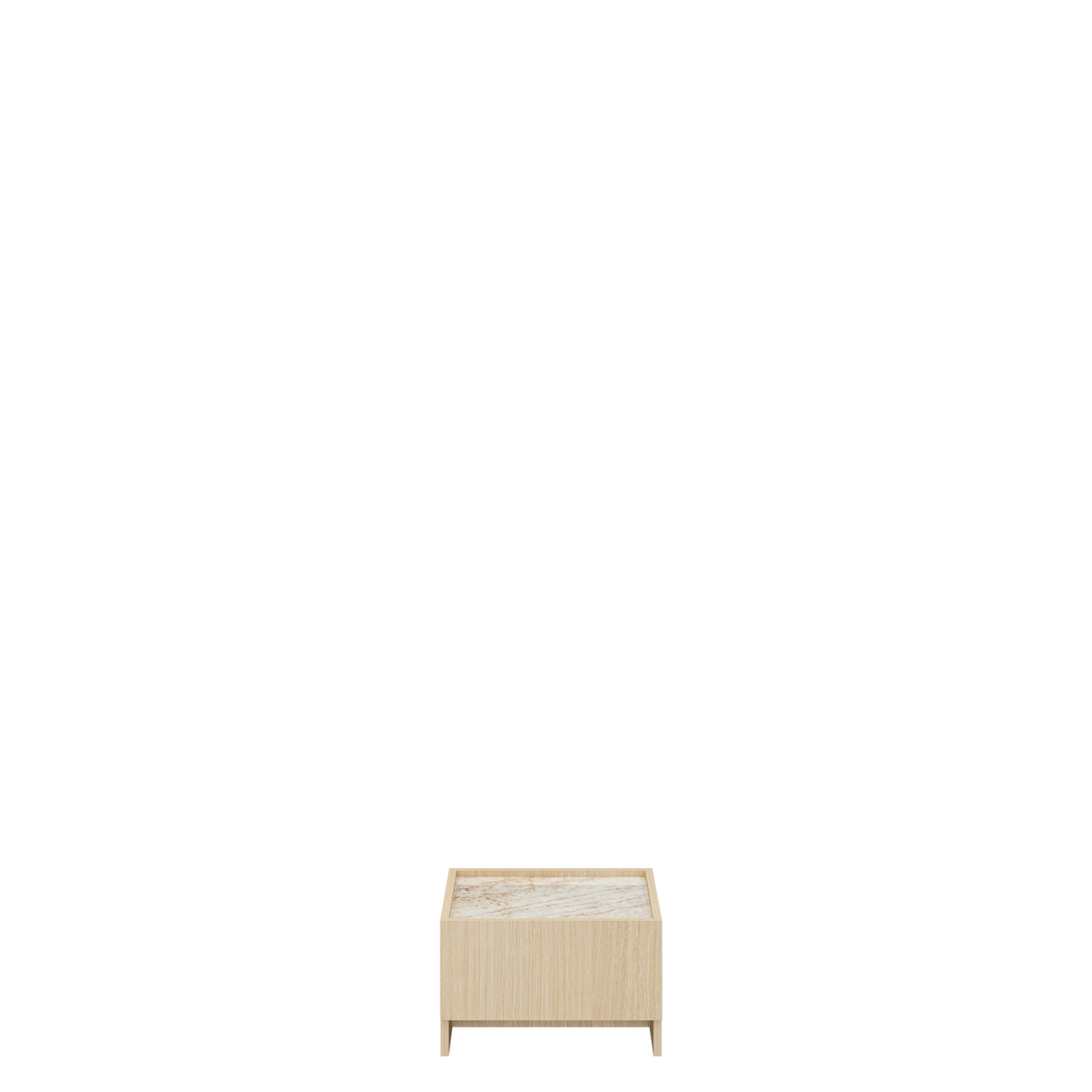 SOBA bedside table in light Copenhagen Oak decor with beige stone-effect top, front view showing raised lower edge