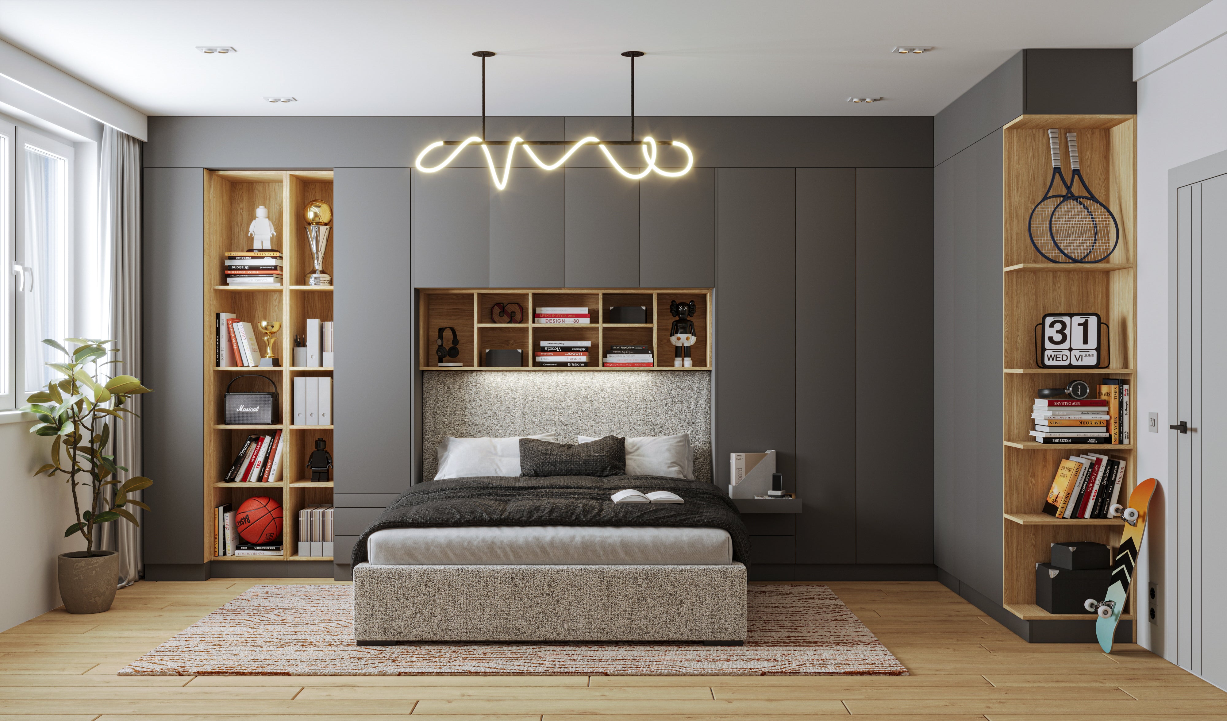 SLEEP VARIA Individuelles Schlafzimmer-Einbausystem mit Nachttischen – Geölte Eiche / Graphit