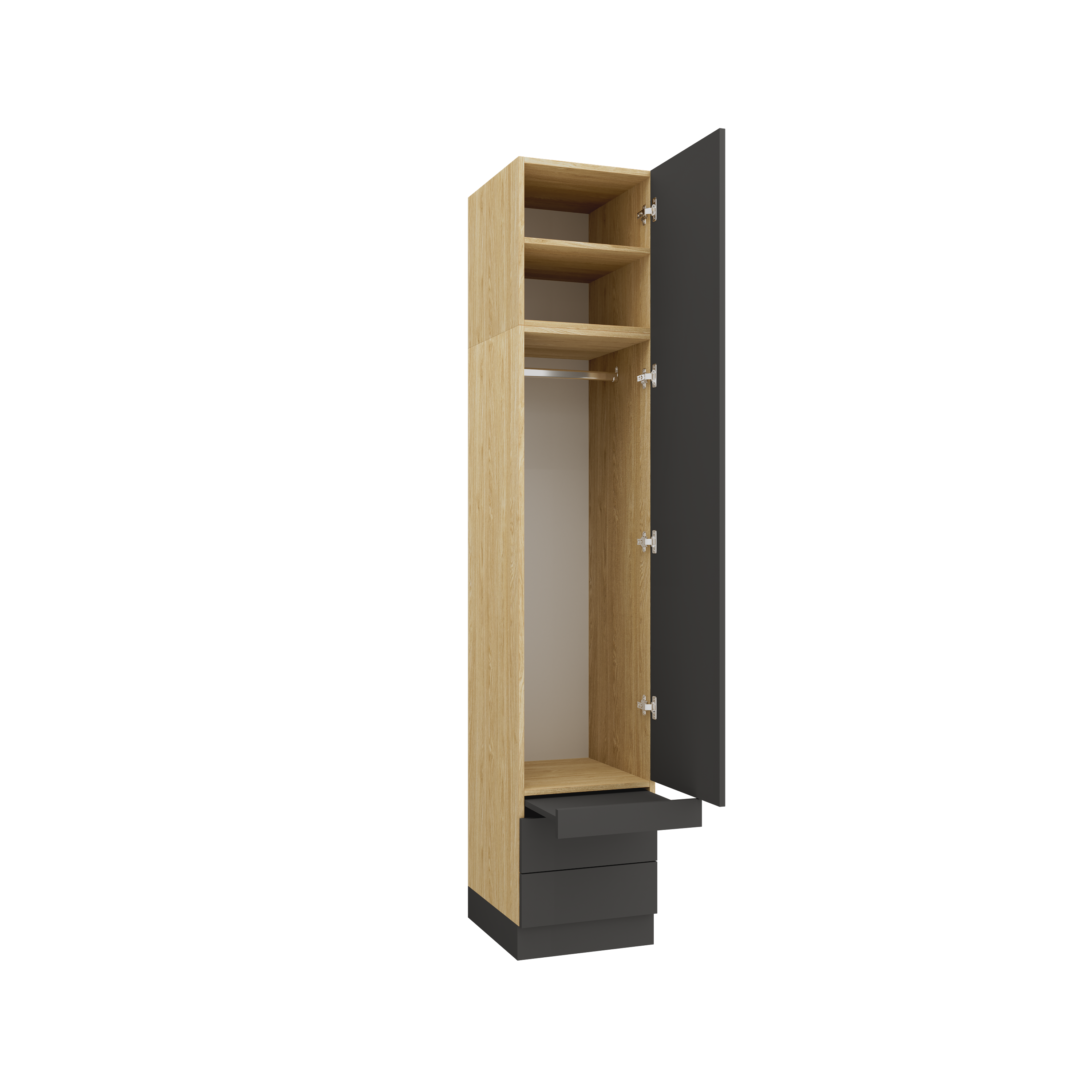 SLEEP VARIA 1D Kleiderschrank 45 cm mit Einlegeböden, Kleiderstange, Schubladen &amp; Ausziehtisch – Eiche geölt/Graphit