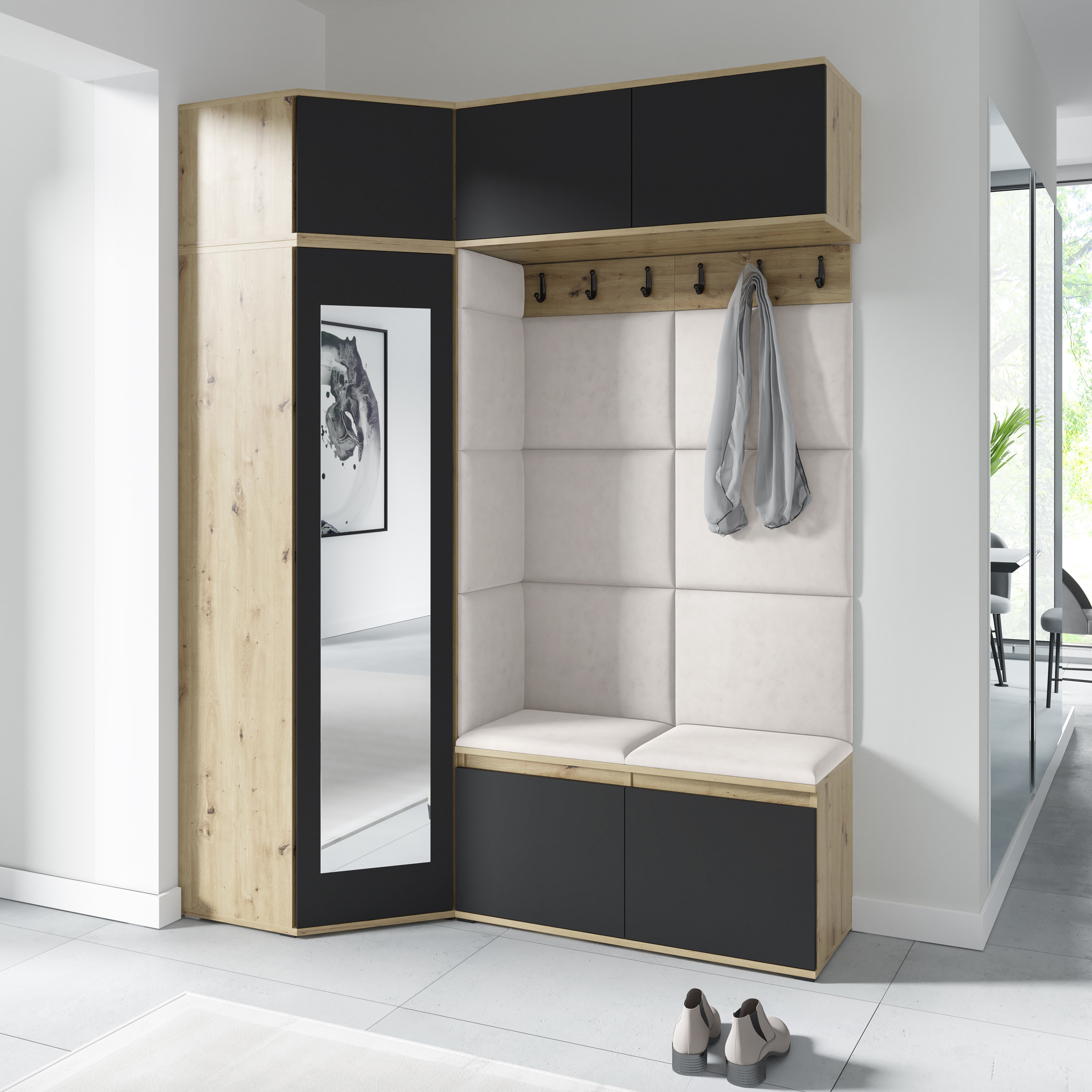 PK Emi 38 Hallway Wardrobe Aristan Oak\Black - Upholstered Panels in Various Colours