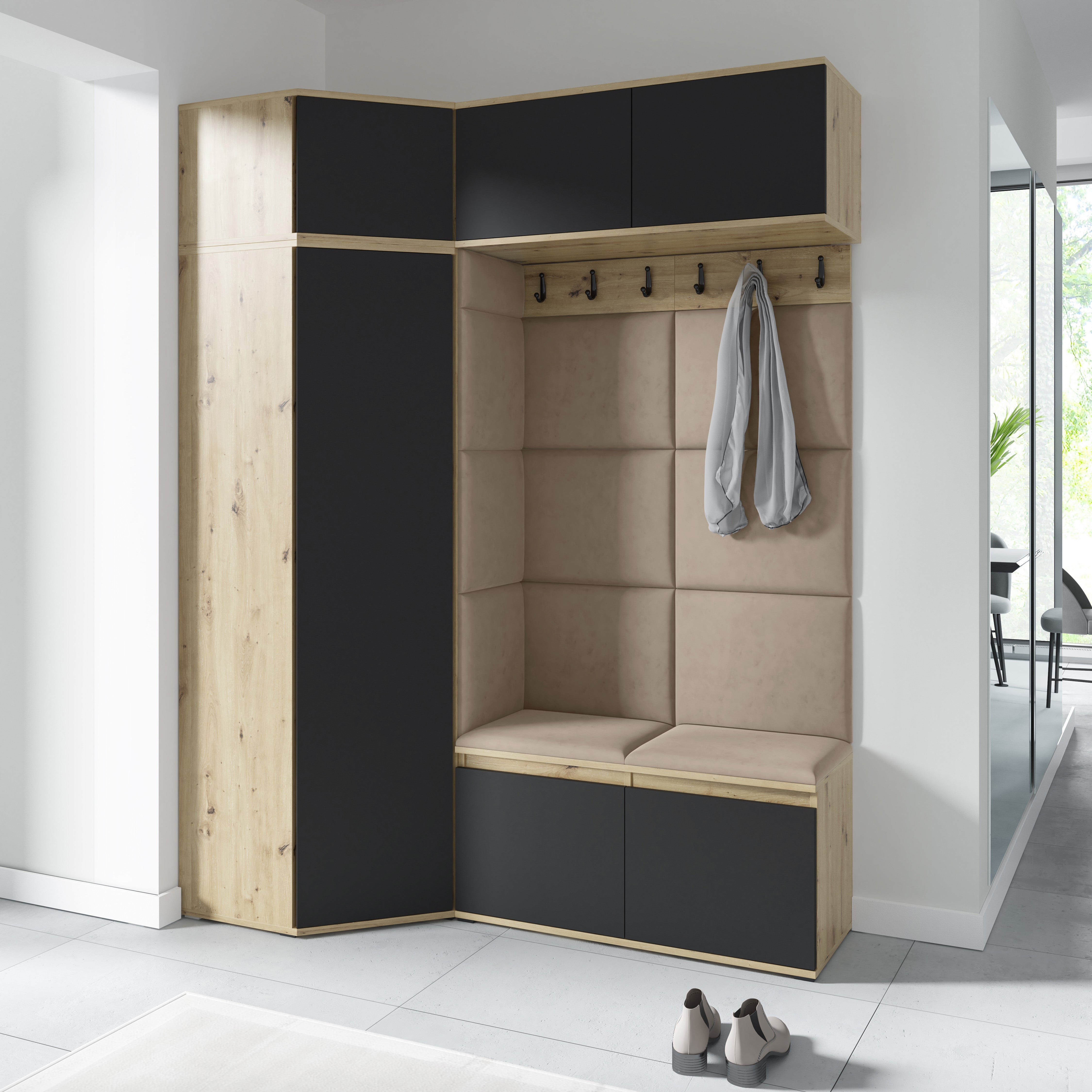 PK Emi 38 Hallway Wardrobe Aristan Oak\Black - Upholstered Panels in Various Colours