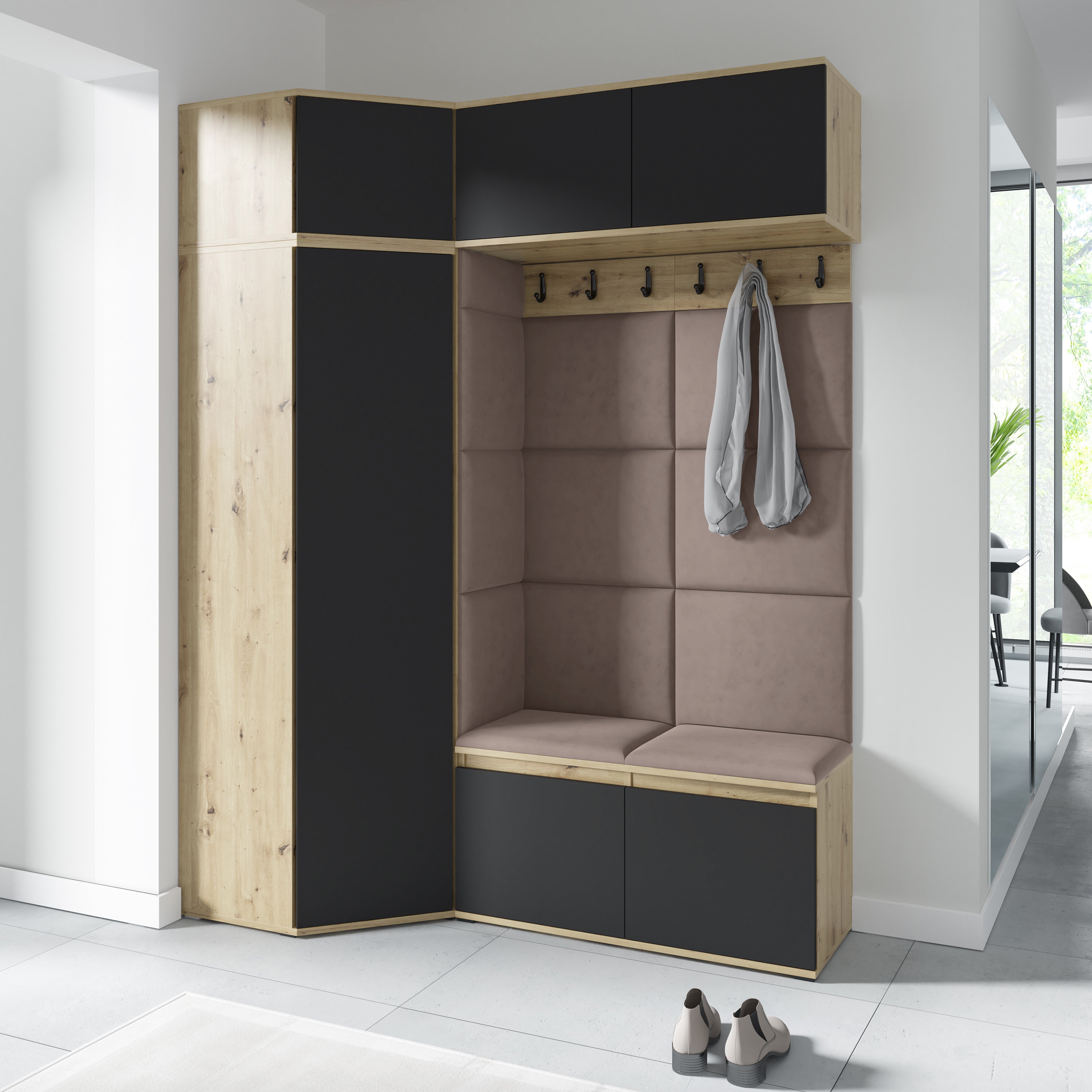PK Emi 38 Hallway Wardrobe Aristan Oak\Black - Upholstered Panels in Various Colours
