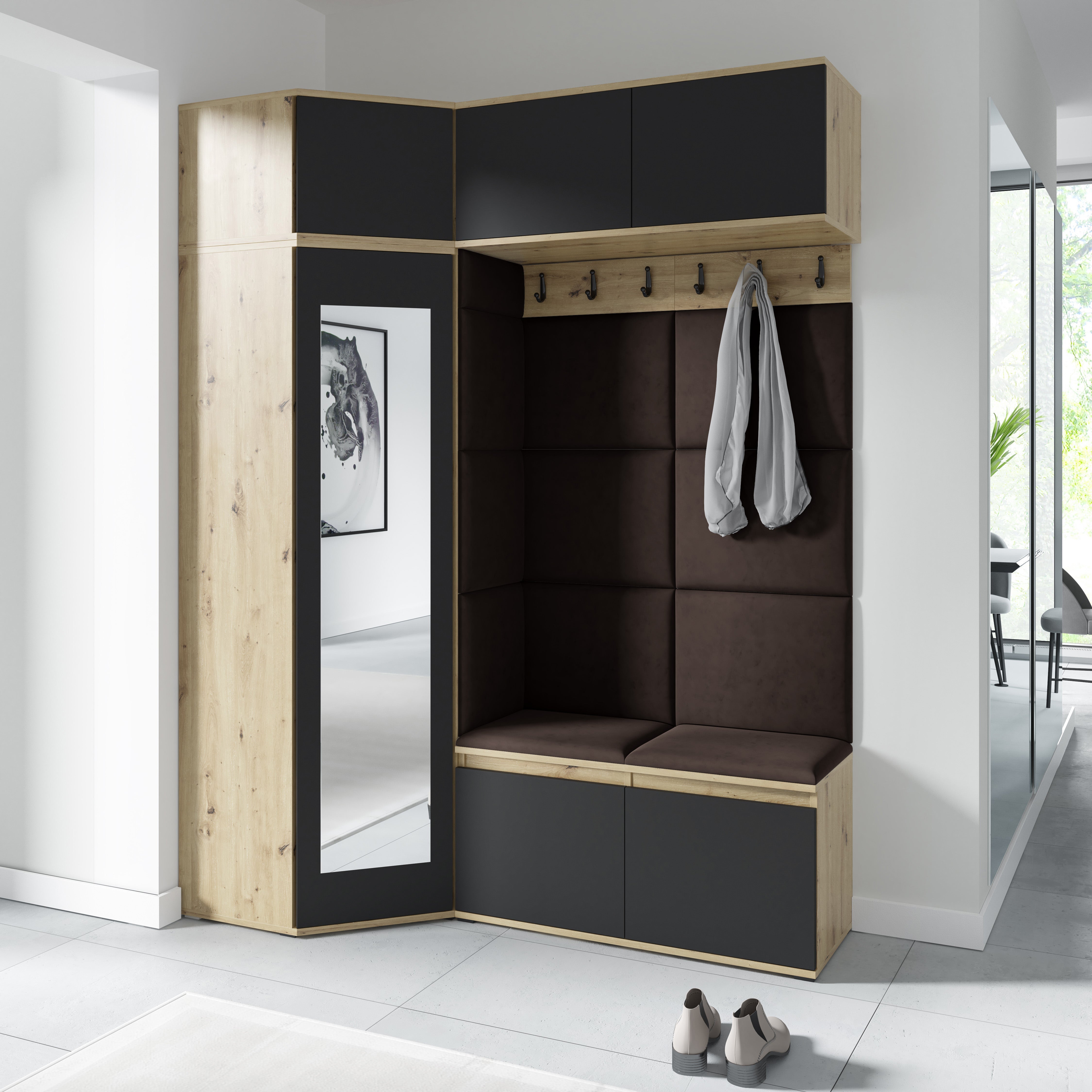PK Emi 38 Hallway Wardrobe Aristan Oak\Black - Upholstered Panels in Various Colours