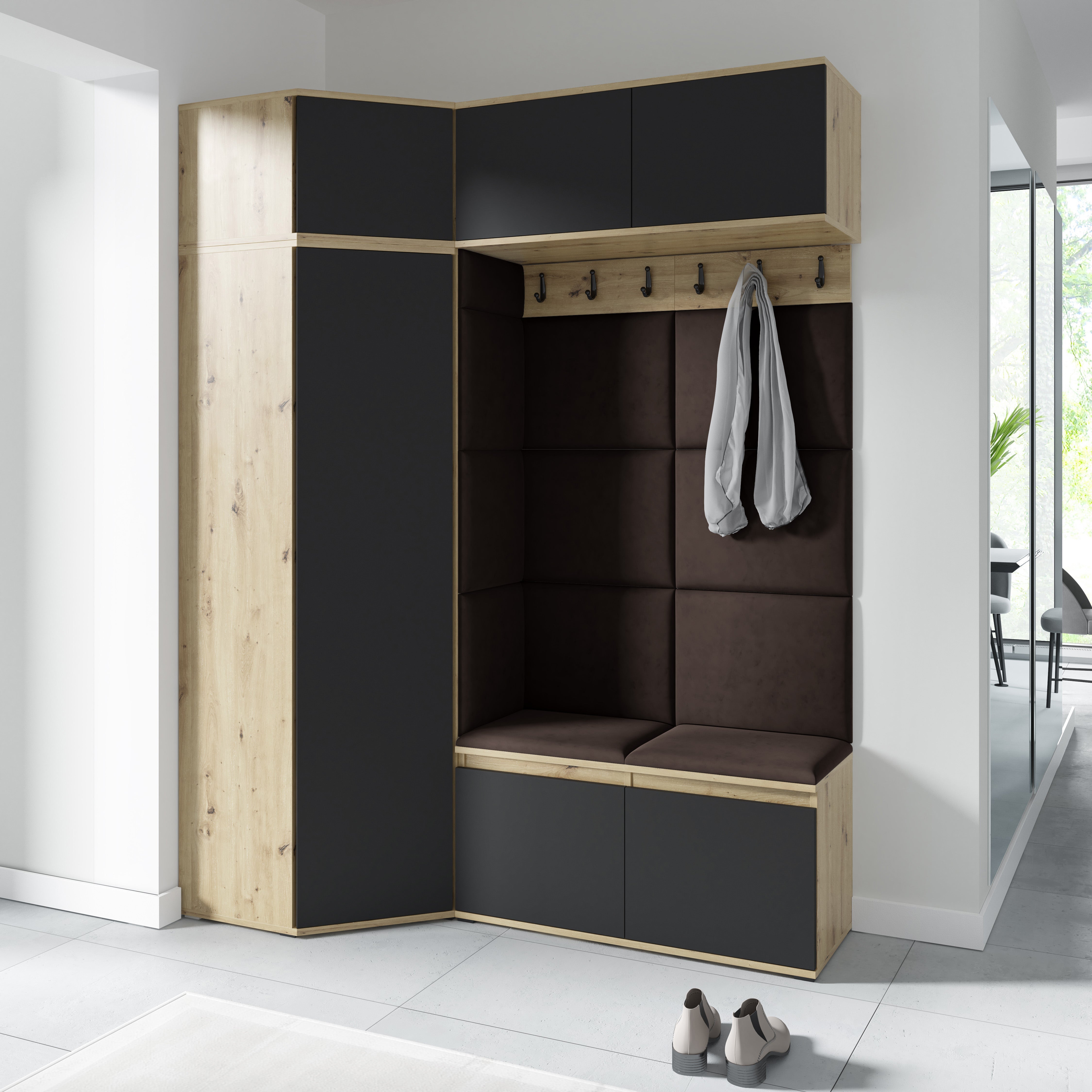 PK Emi 38 Hallway Wardrobe Aristan Oak\Black - Upholstered Panels in Various Colours