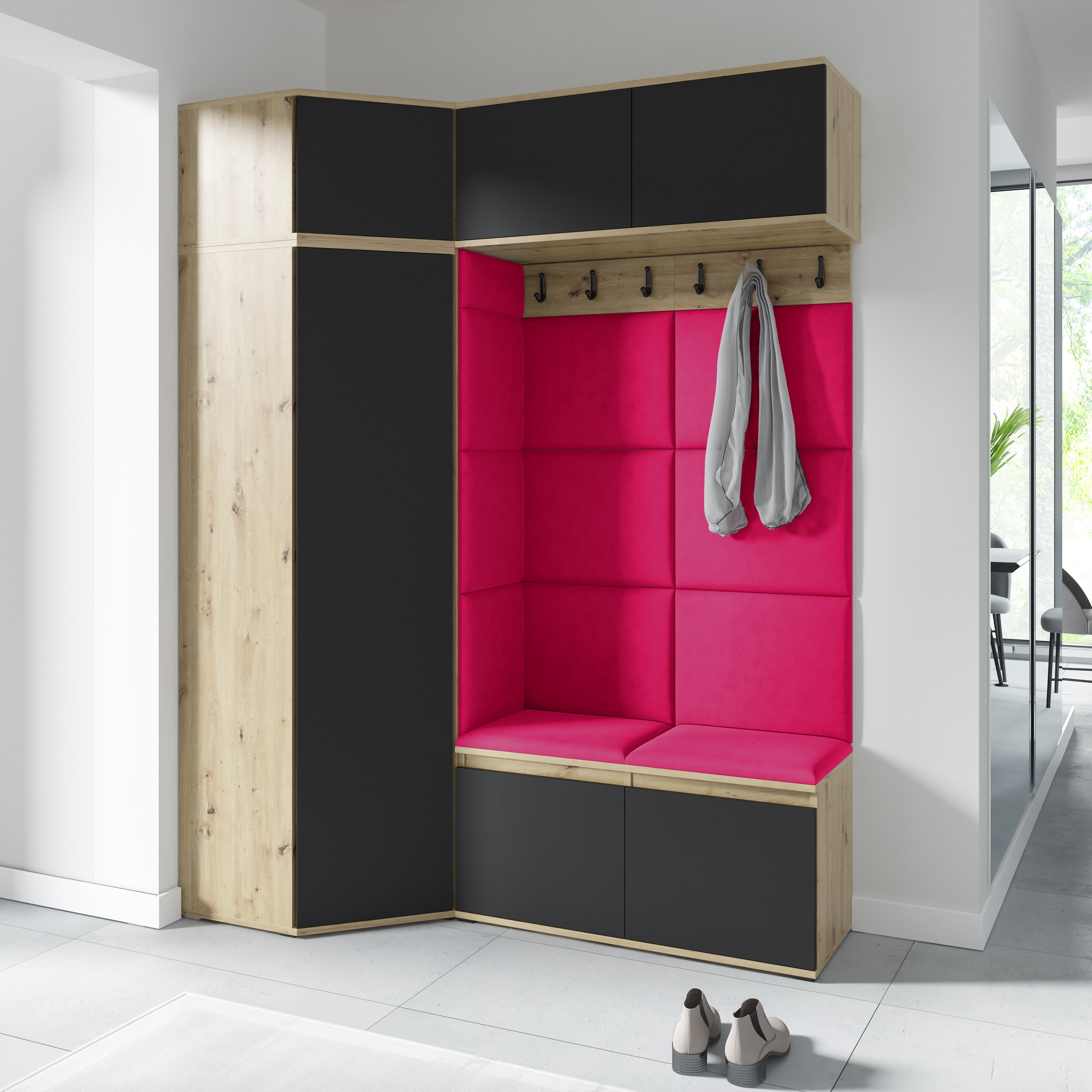 PK Emi 38 Hallway Wardrobe Aristan Oak\Black - Upholstered Panels in Various Colours