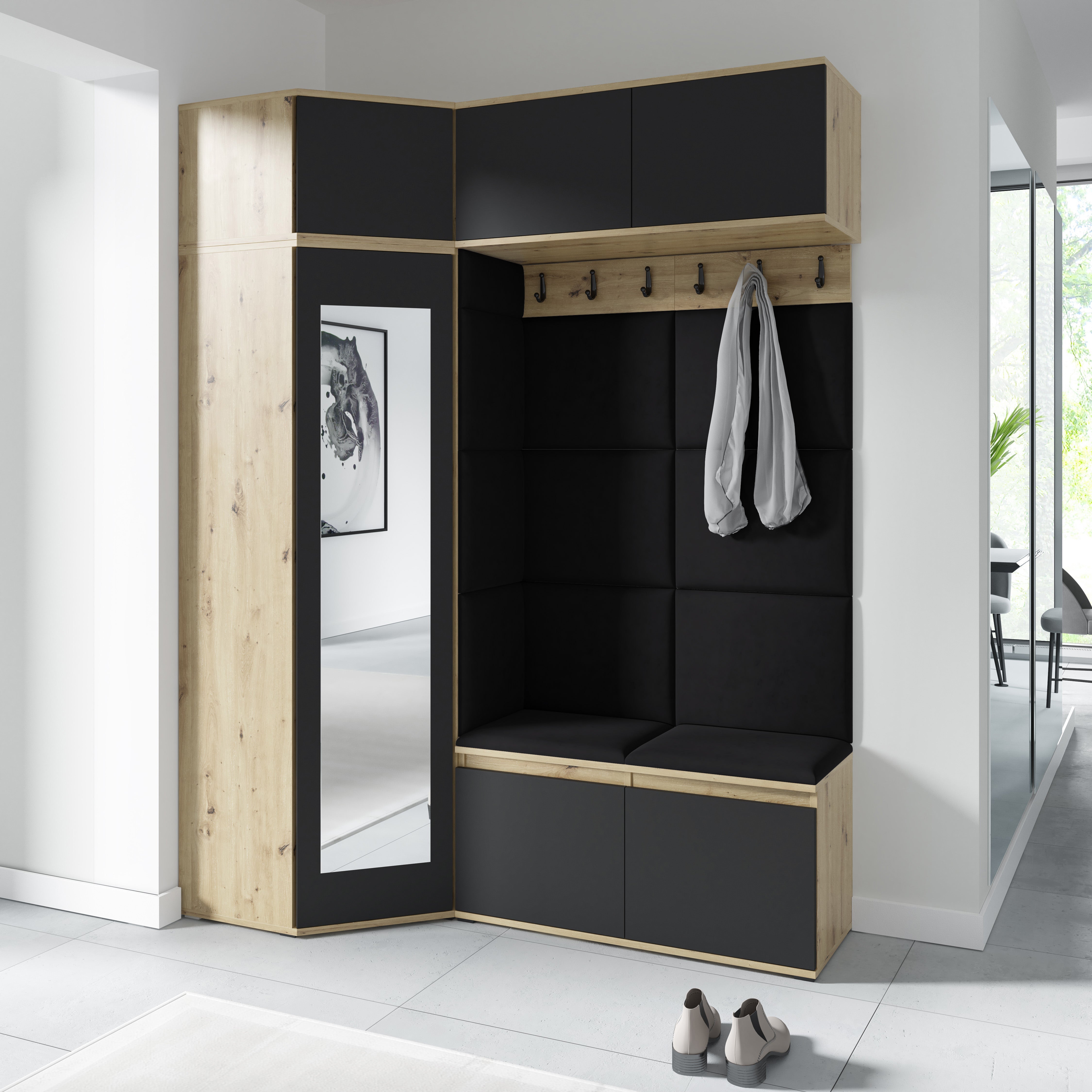 PK Emi 38 Hallway Wardrobe Aristan Oak\Black - Upholstered Panels in Various Colours