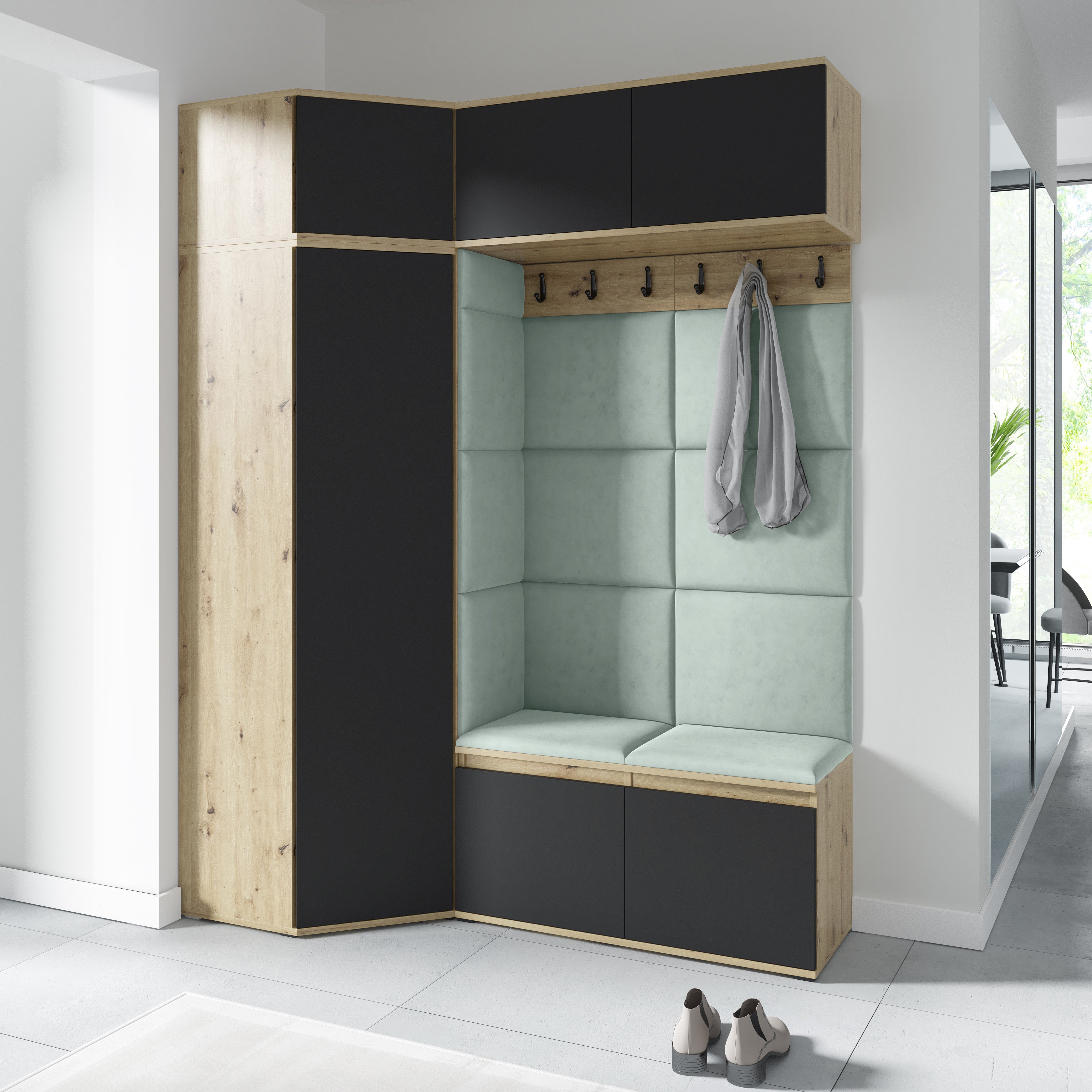 PK Emi 38 Hallway Wardrobe Aristan Oak\Black - Upholstered Panels in Various Colours