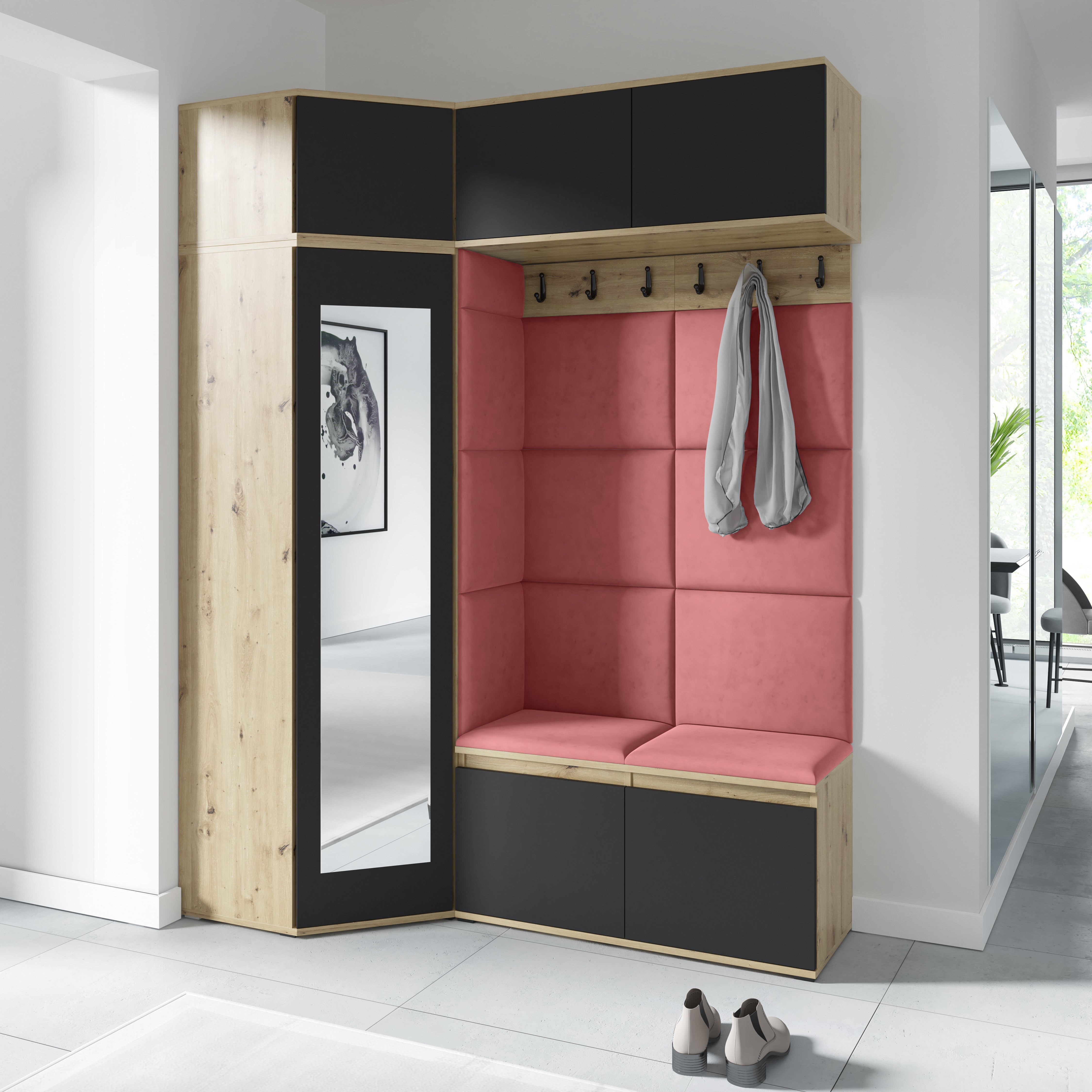 PK Emi 38 Hallway Wardrobe Aristan Oak\Black - Upholstered Panels in Various Colours