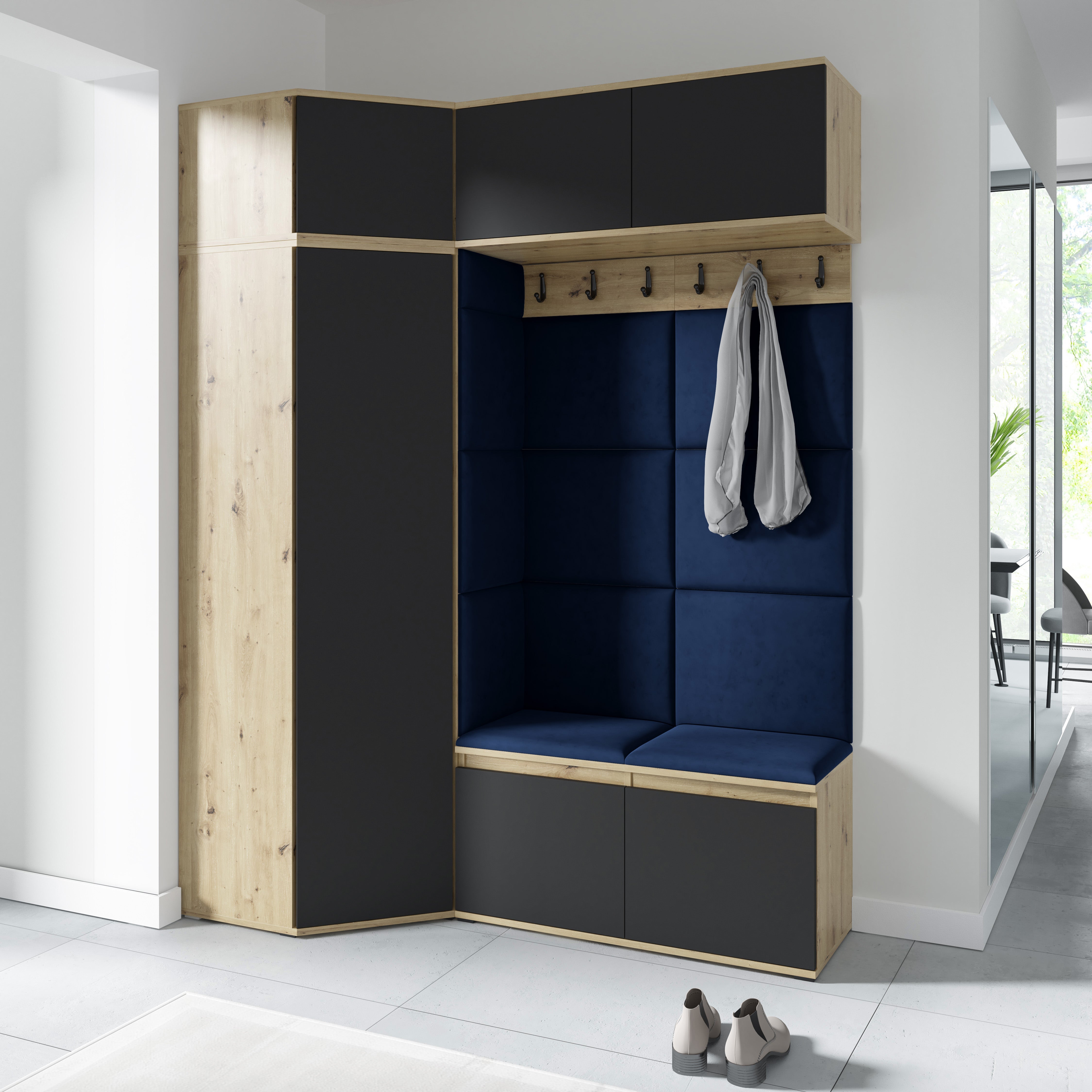 PK Emi 38 Hallway Wardrobe Aristan Oak\Black - Upholstered Panels in Various Colours