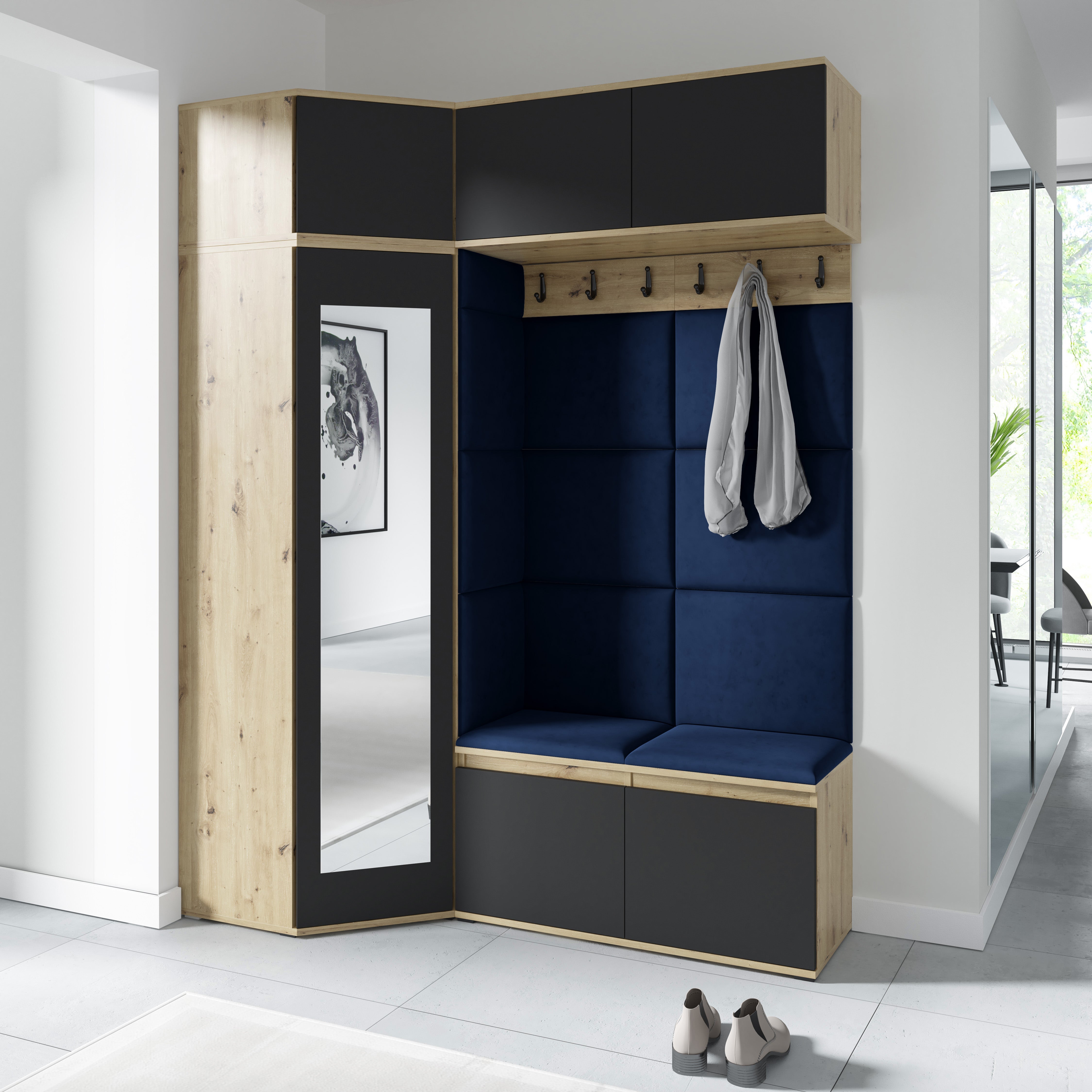 PK Emi 38 Hallway Wardrobe Aristan Oak\Black - Upholstered Panels in Various Colours