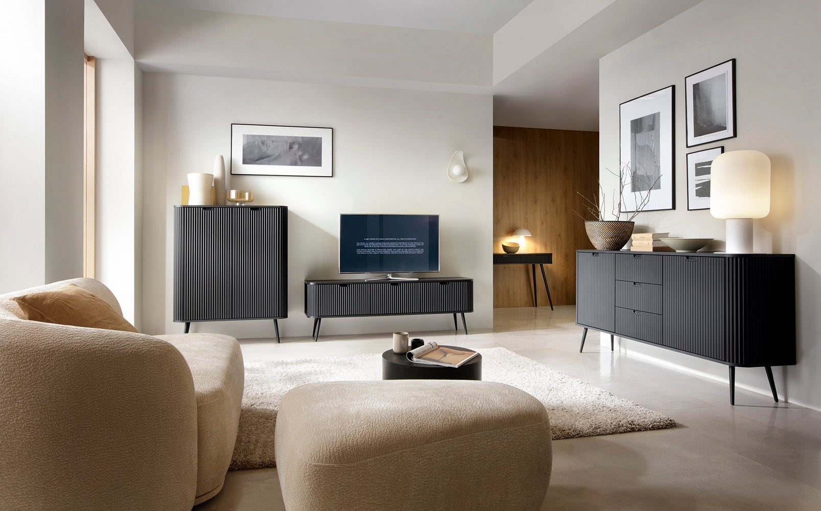 ZOVA Chest of Drawers with Two Doors and Three Drawers #color_Black with black legs