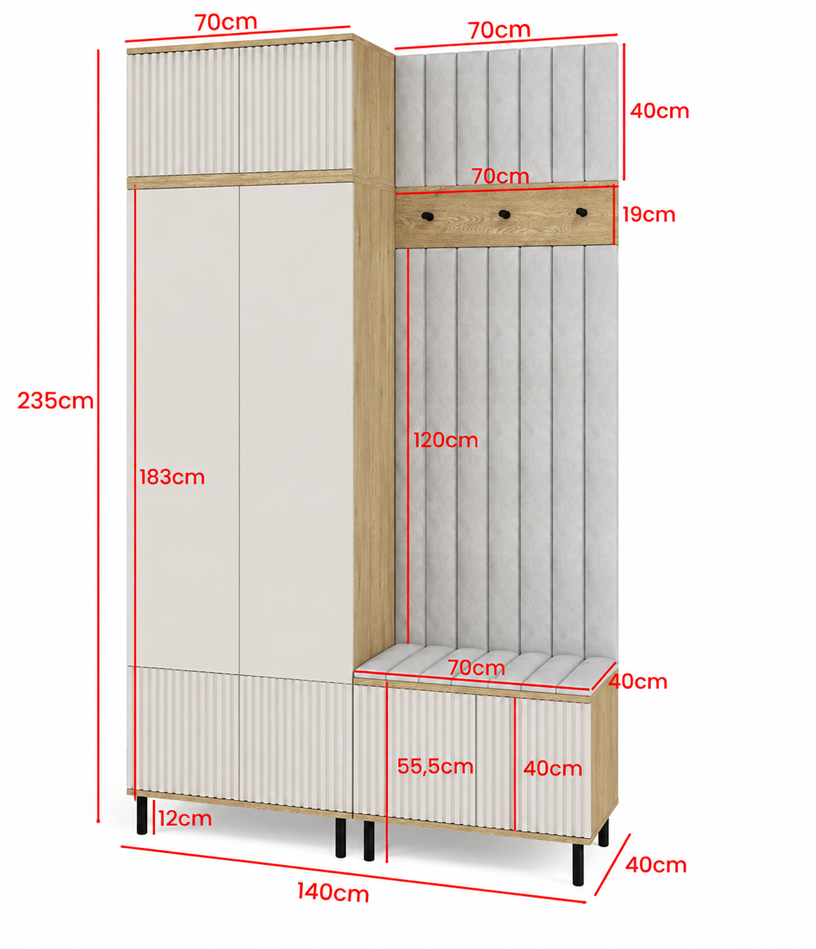 Bello Garderoben-Set 4 – Beinhöhe, Spiegel & Paneelfarbe wählbar | Kaschmir & Cremona Eiche