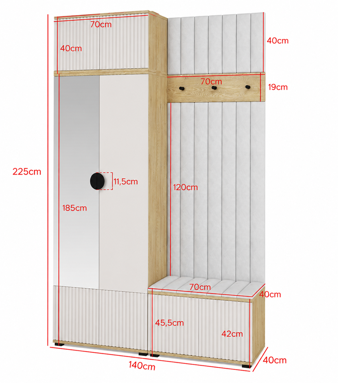Bello Garderoben-Set 4 – Beinhöhe, Spiegel & Paneelfarbe wählbar | Kaschmir & Cremona Eiche