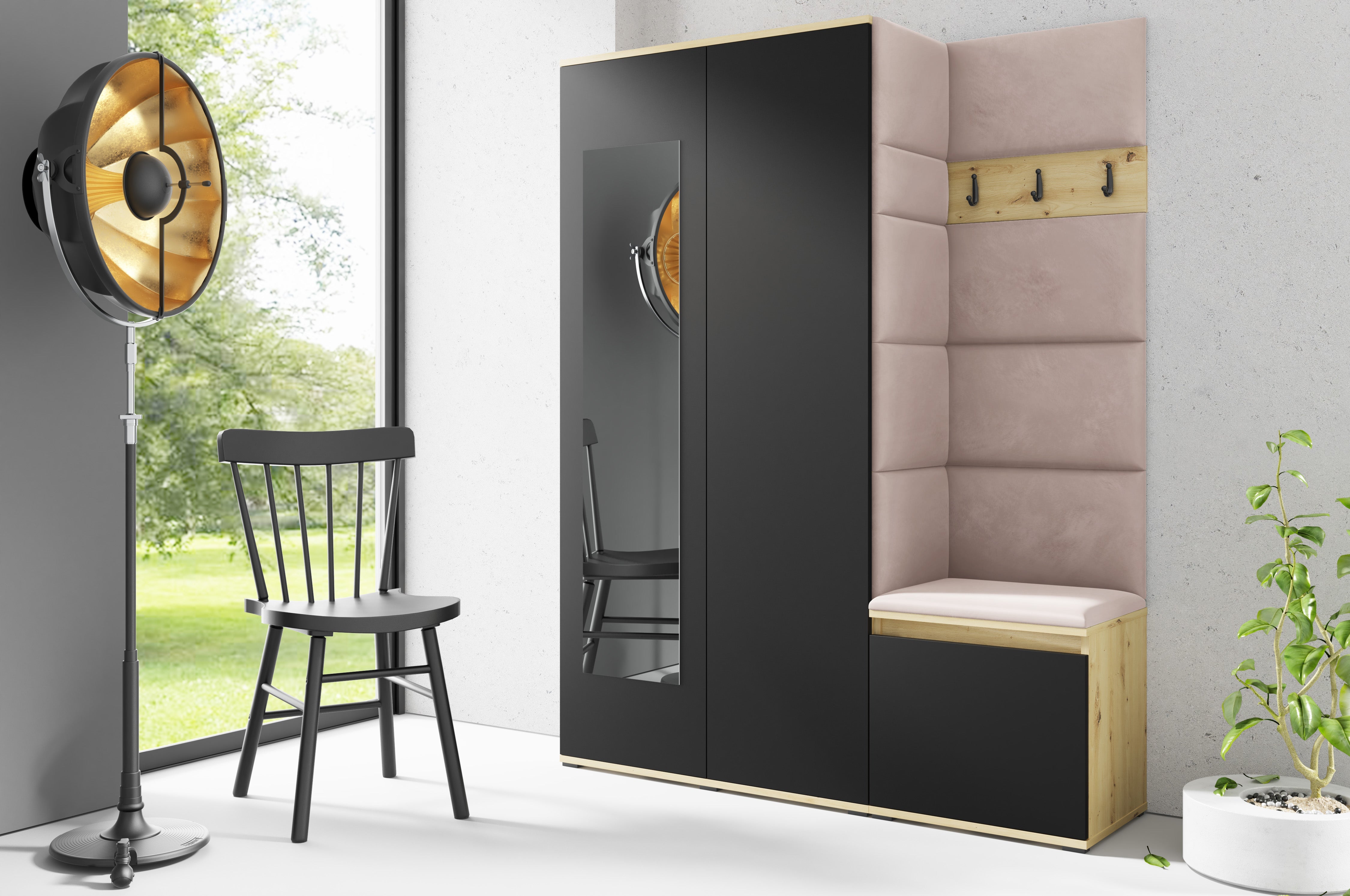 PK Emi 11 Flurgarderobe Artisan Eiche/Schwarz - Polsterpaneele in verschiedenen Farben