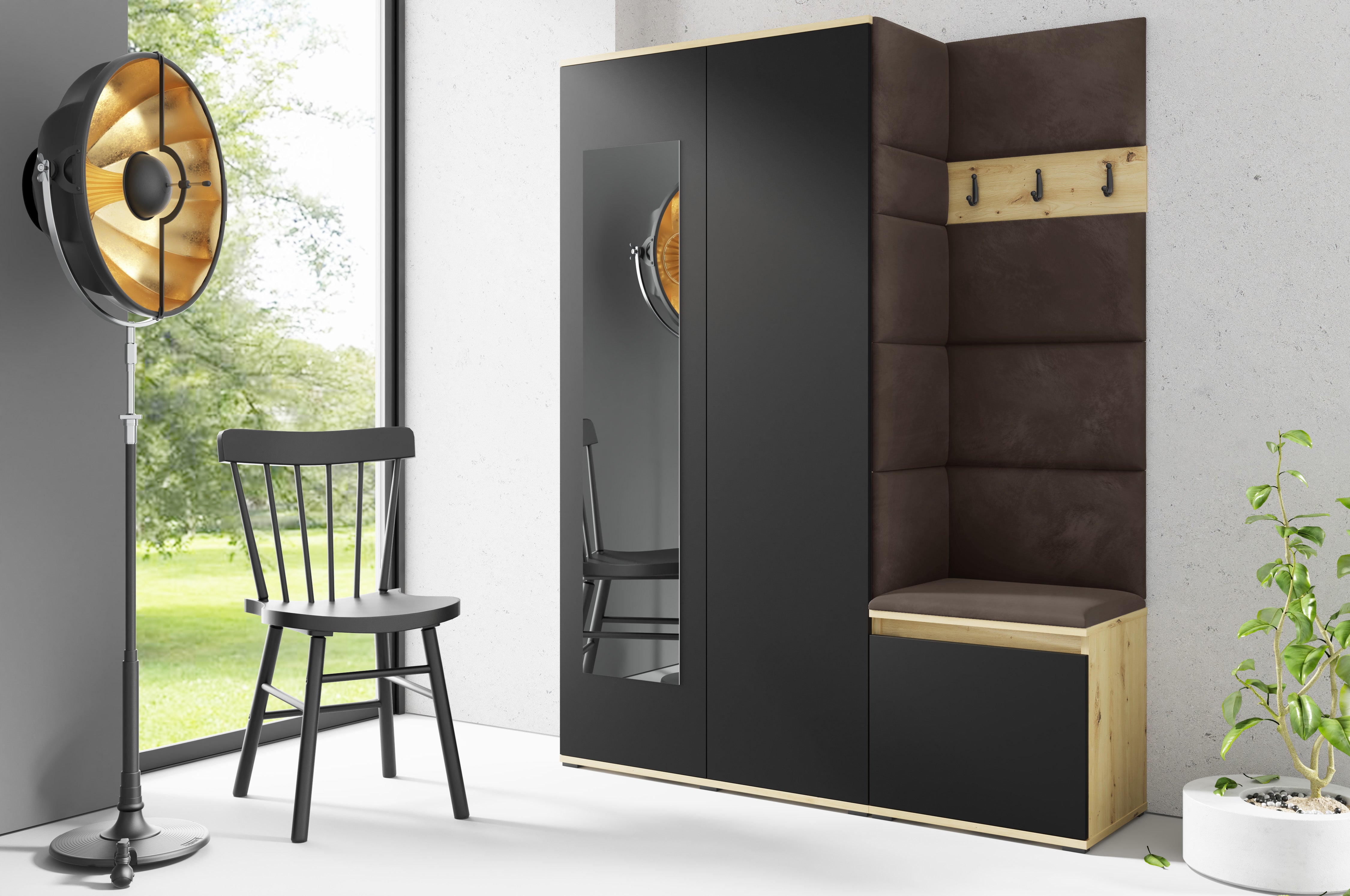 PK Emi 11 Flurgarderobe Artisan Eiche/Schwarz - Polsterpaneele in verschiedenen Farben