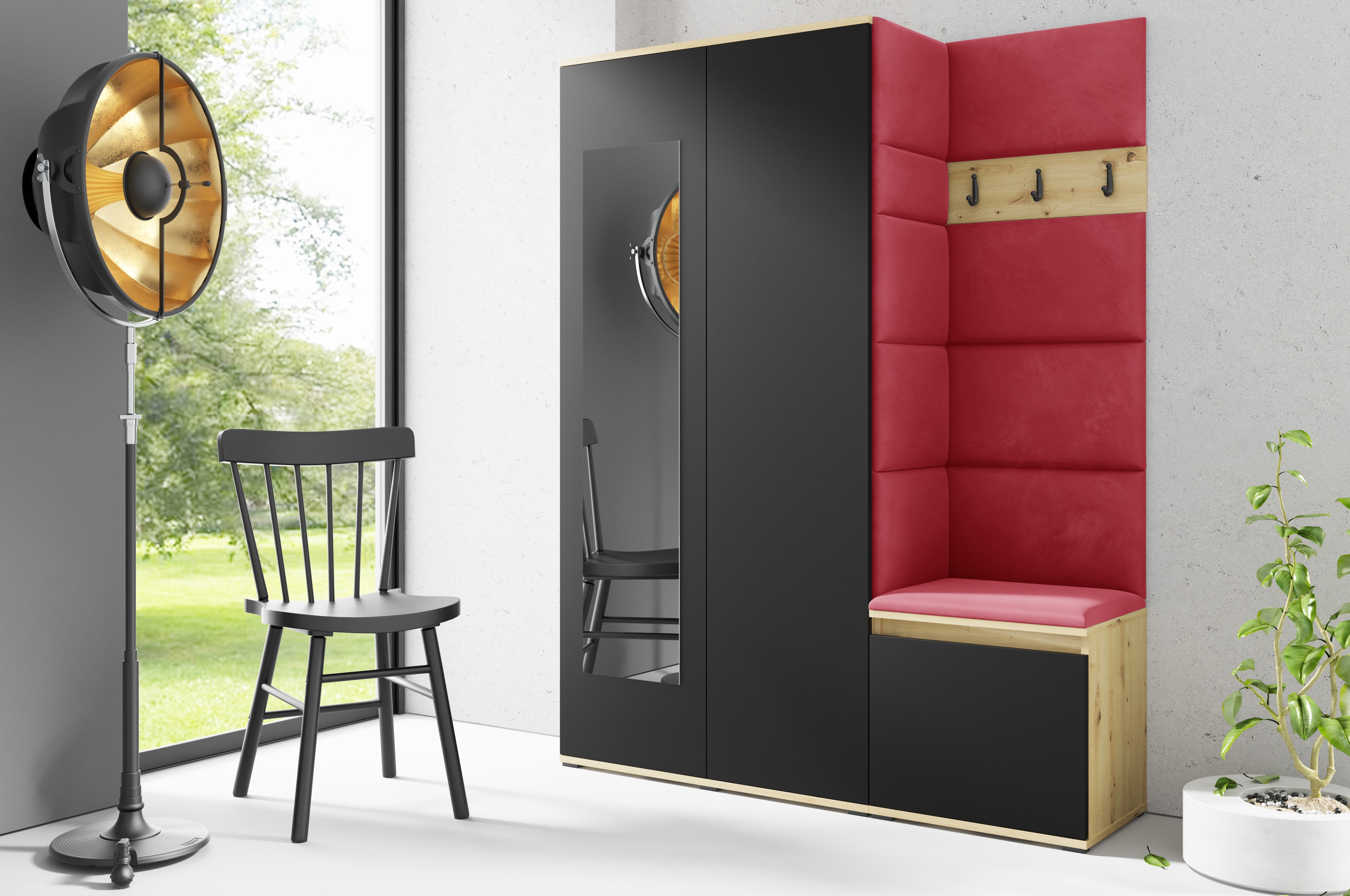 PK Emi 11 Flurgarderobe Artisan Eiche/Schwarz - Polsterpaneele in verschiedenen Farben