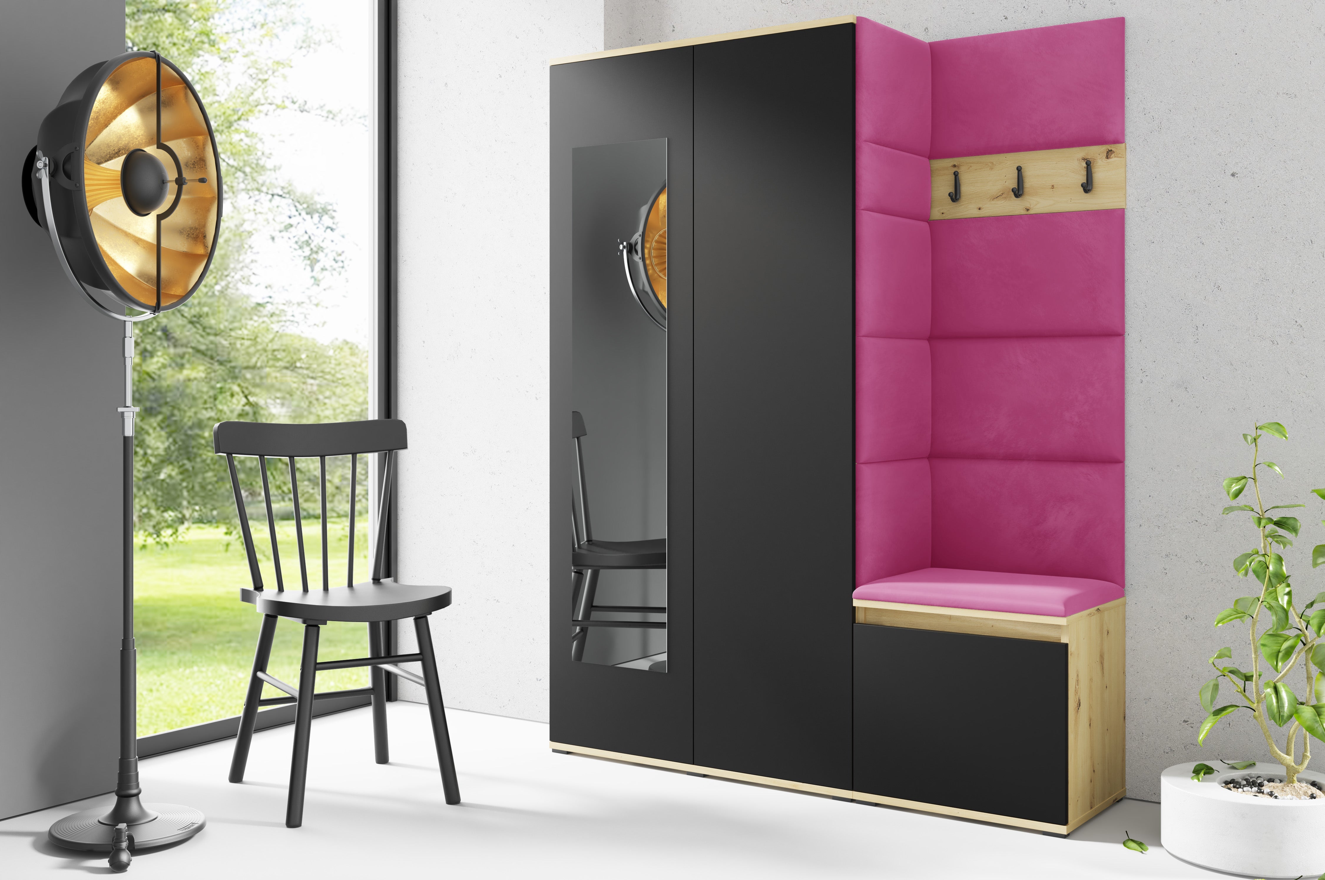 PK Emi 11 Flurgarderobe Artisan Eiche/Schwarz - Polsterpaneele in verschiedenen Farben