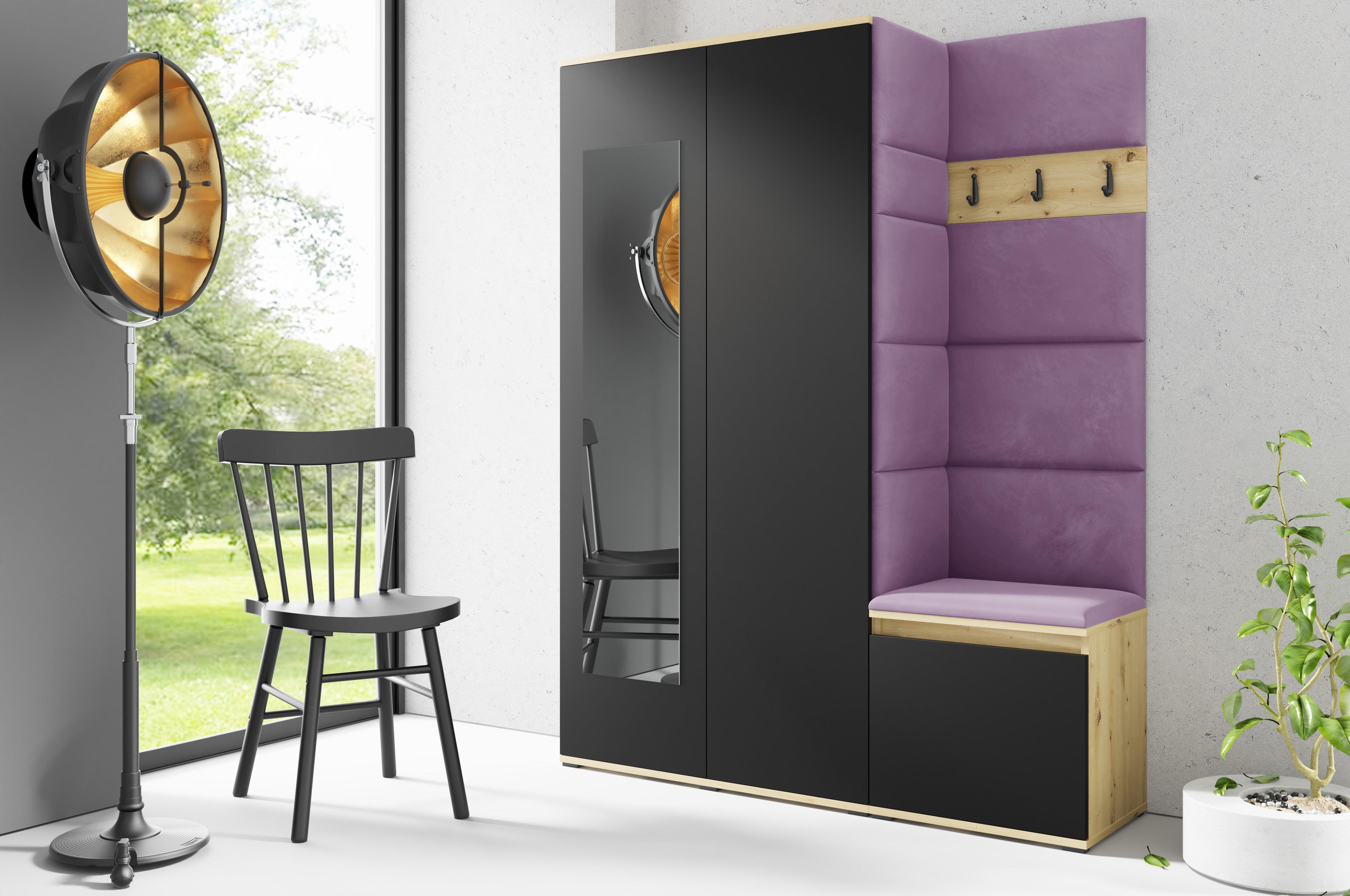 PK Emi 11 Flurgarderobe Artisan Eiche/Schwarz - Polsterpaneele in verschiedenen Farben