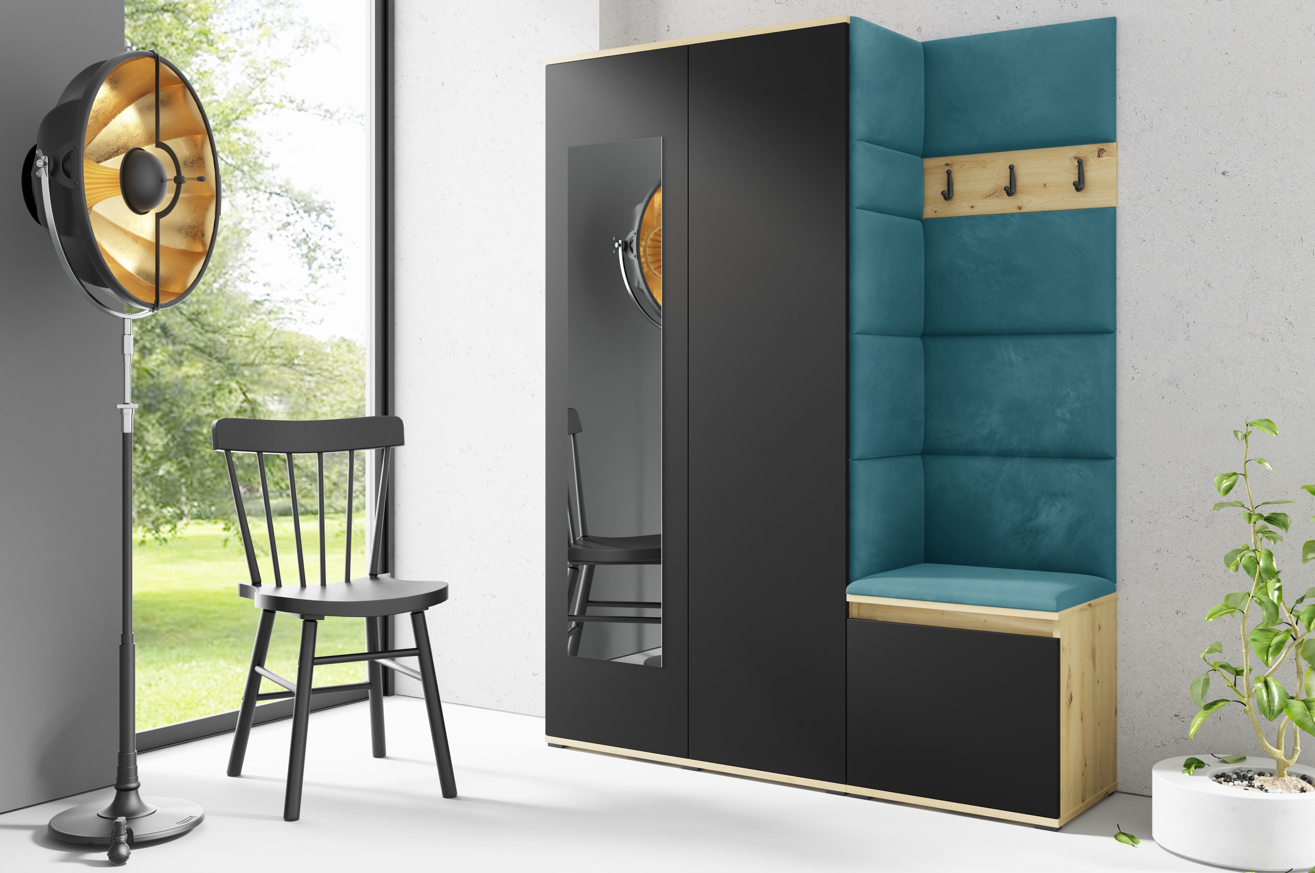 PK Emi 11 Flurgarderobe Artisan Eiche/Schwarz - Polsterpaneele in verschiedenen Farben