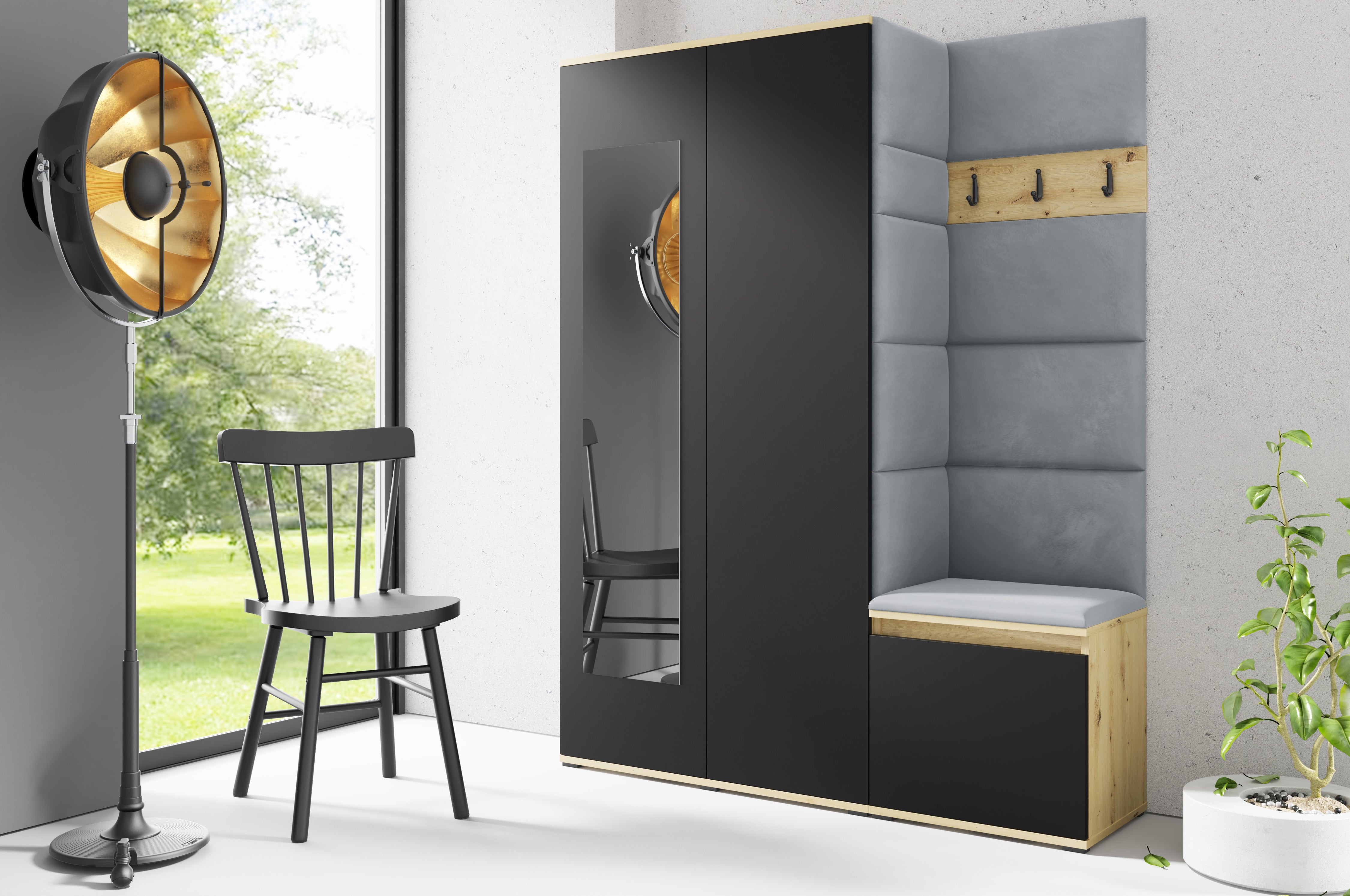 PK Emi 11 Flurgarderobe Artisan Eiche/Schwarz - Polsterpaneele in verschiedenen Farben