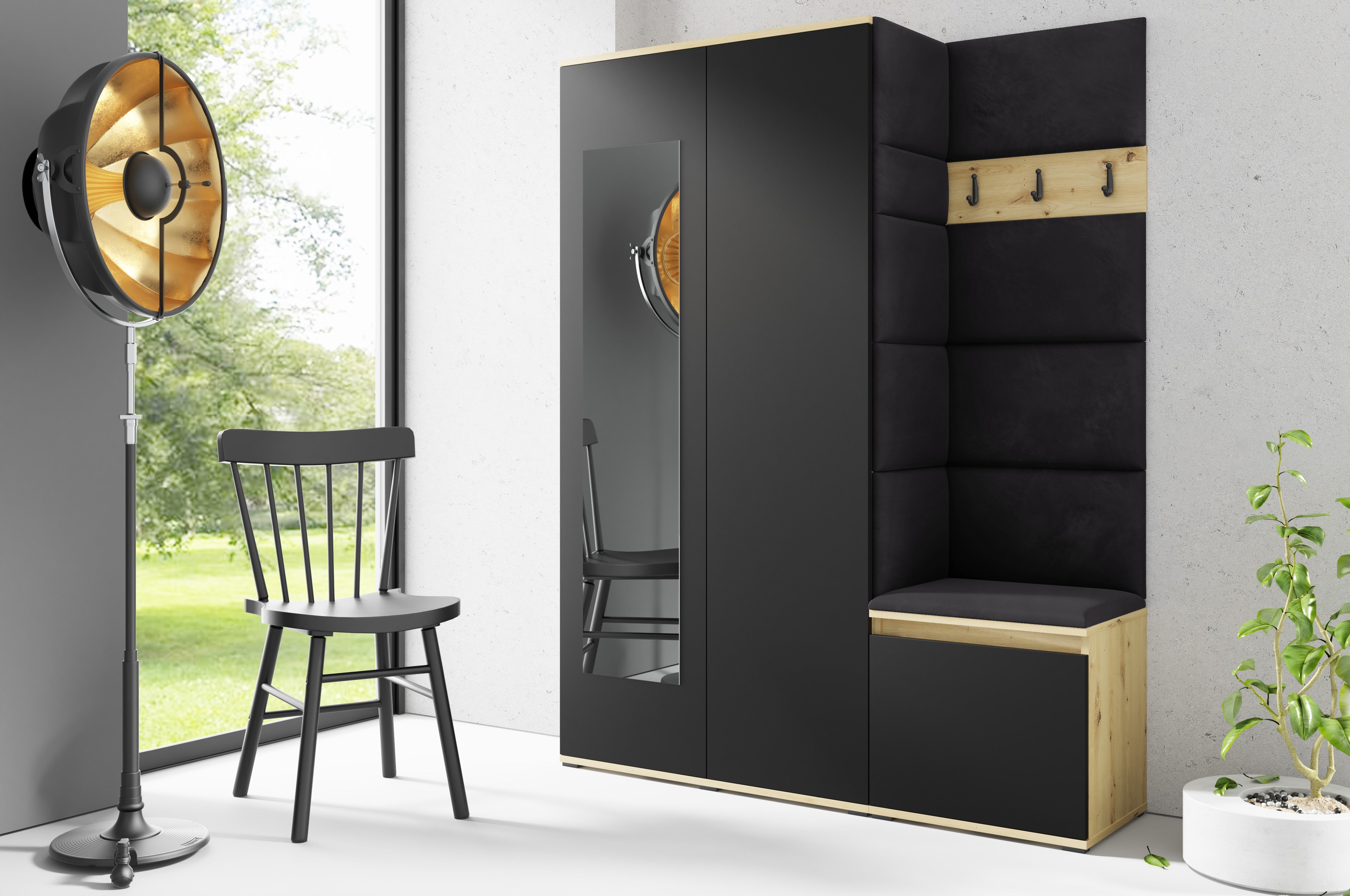 PK Emi 11 Flurgarderobe Artisan Eiche/Schwarz - Polsterpaneele in verschiedenen Farben