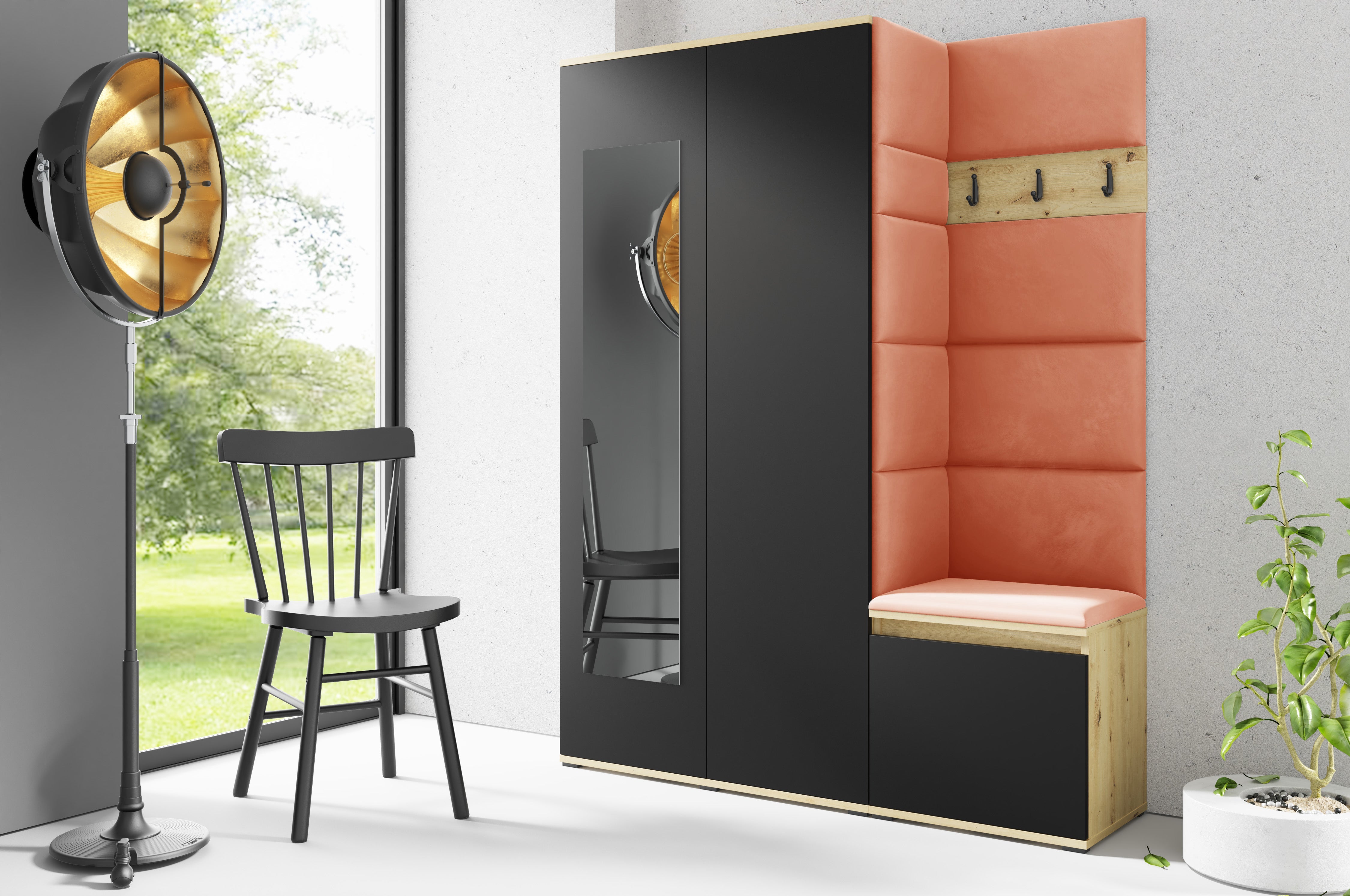 PK Emi 11 Flurgarderobe Artisan Eiche/Schwarz - Polsterpaneele in verschiedenen Farben