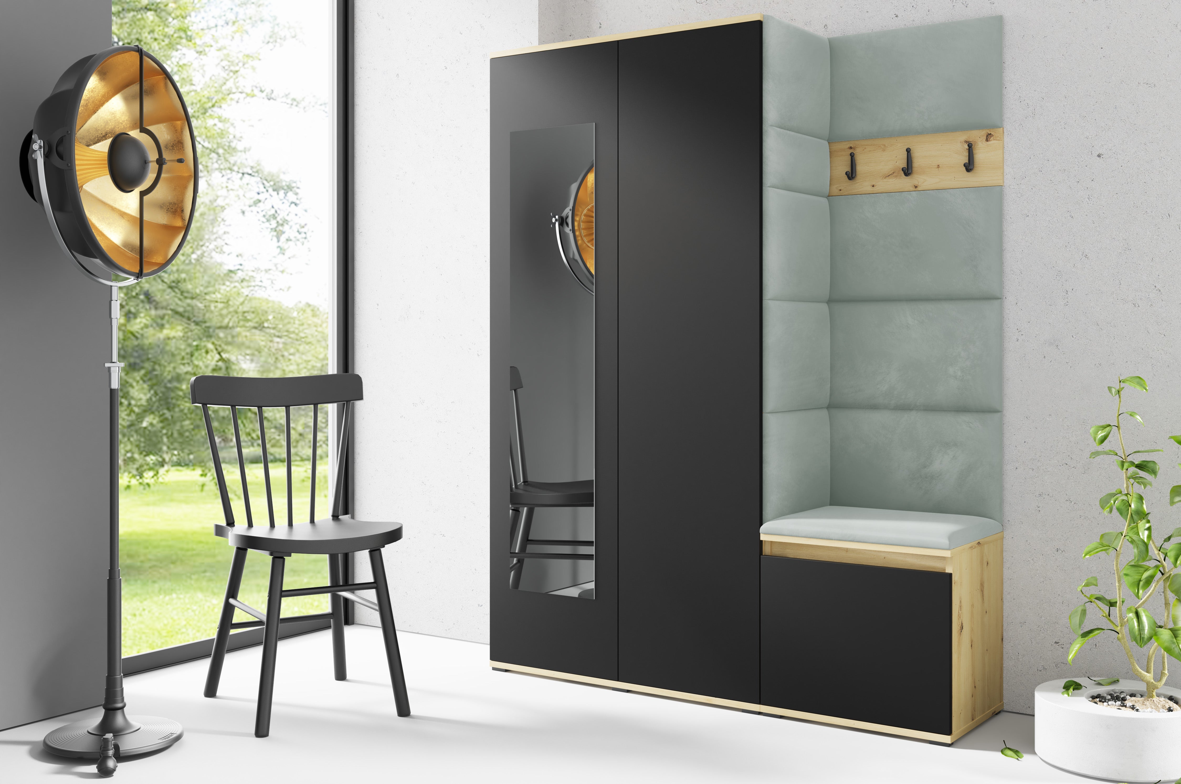 PK Emi 11 Flurgarderobe Artisan Eiche/Schwarz - Polsterpaneele in verschiedenen Farben