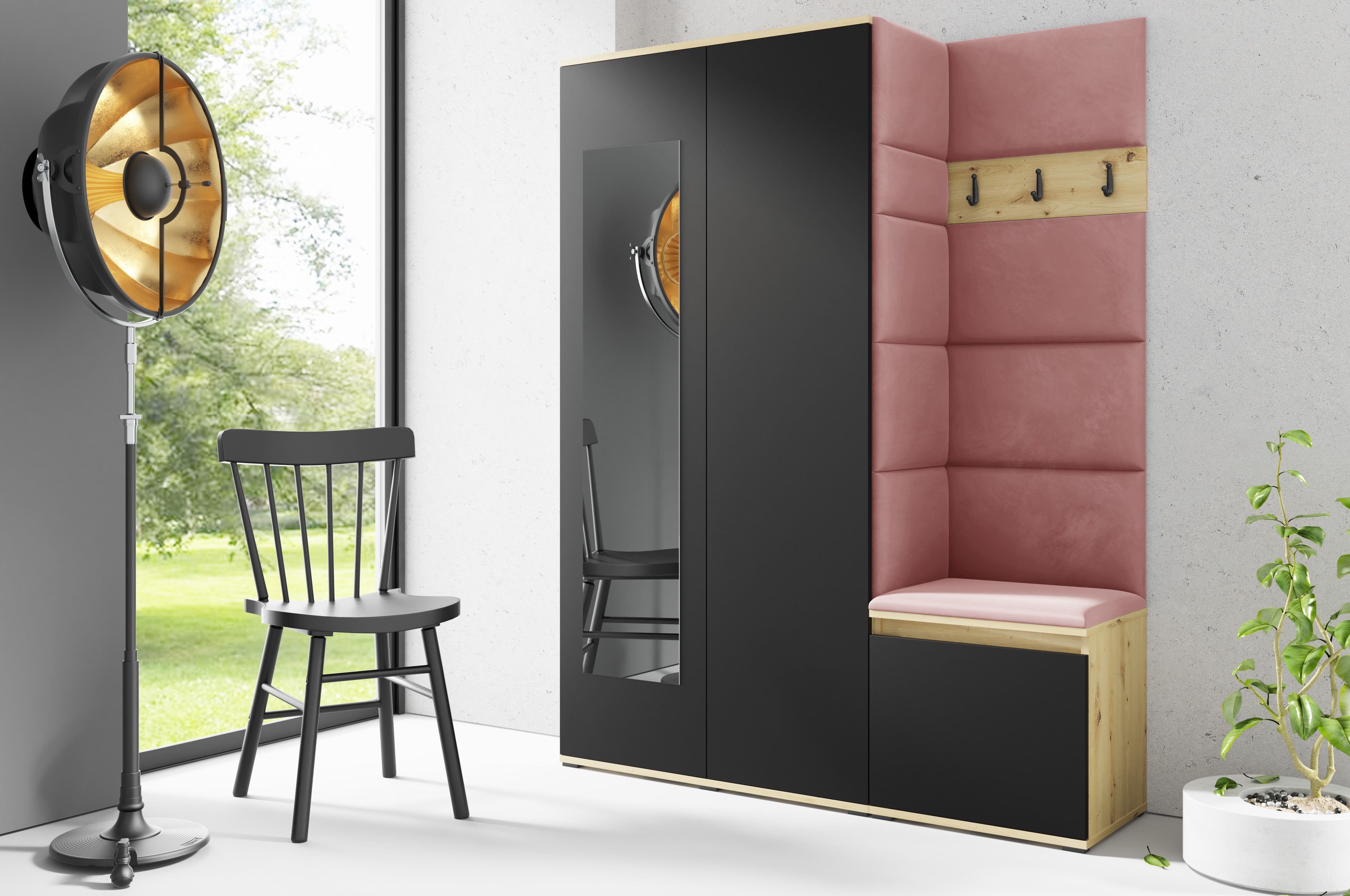 PK Emi 11 Flurgarderobe Artisan Eiche/Schwarz - Polsterpaneele in verschiedenen Farben