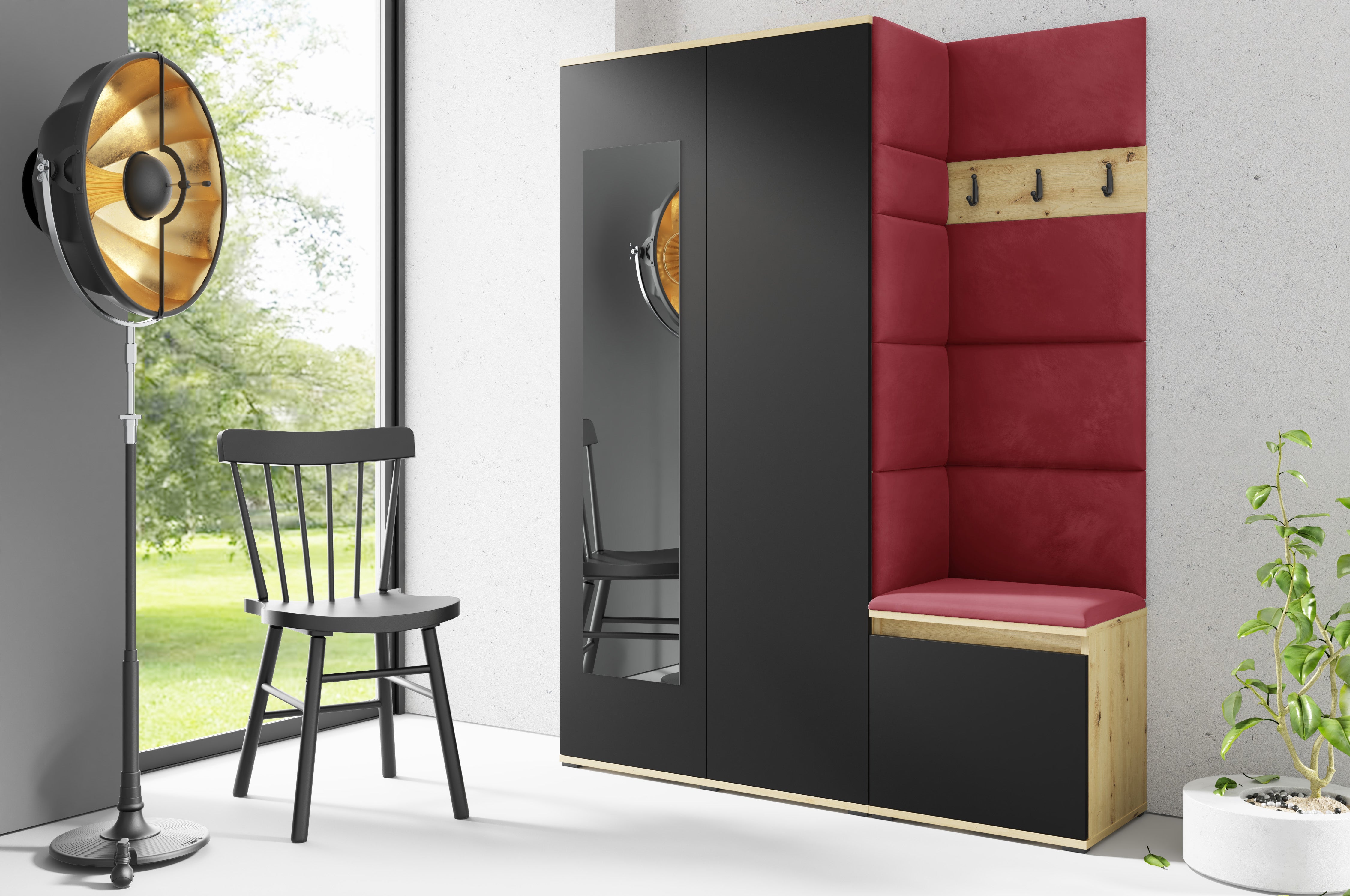 PK Emi 11 Flurgarderobe Artisan Eiche/Schwarz - Polsterpaneele in verschiedenen Farben