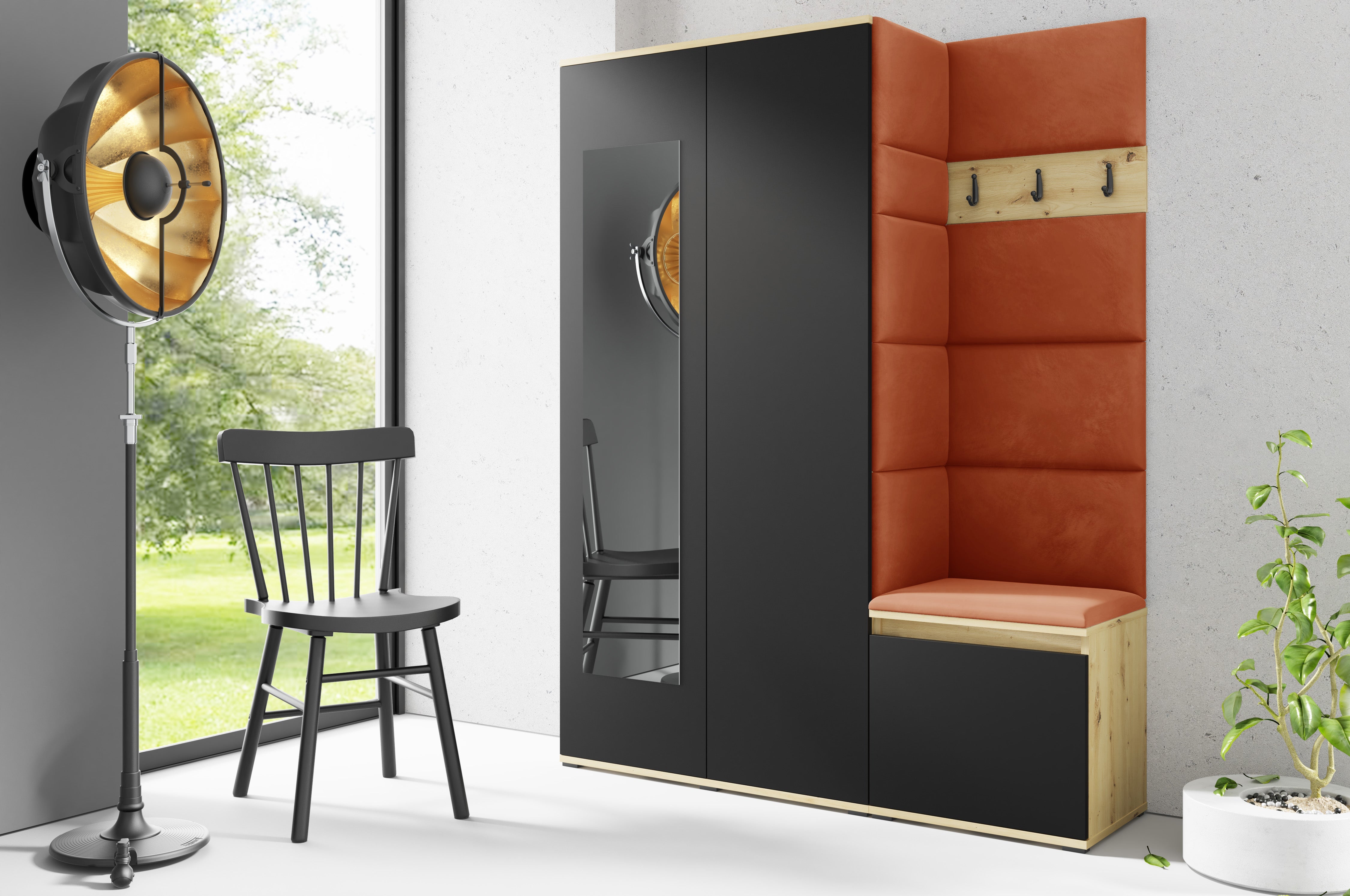 PK Emi 11 Flurgarderobe Artisan Eiche/Schwarz - Polsterpaneele in verschiedenen Farben