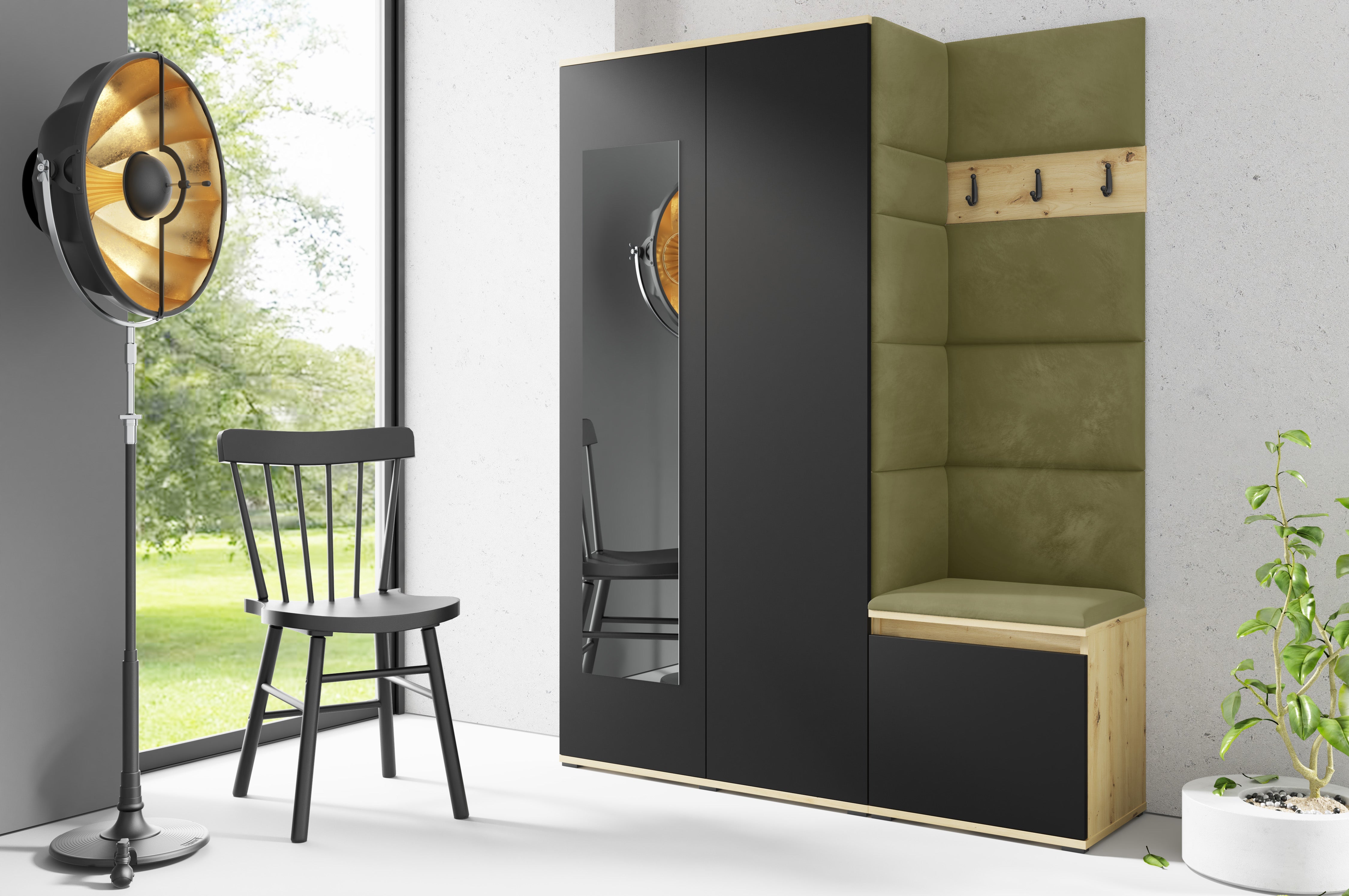 PK Emi 11 Flurgarderobe Artisan Eiche/Schwarz - Polsterpaneele in verschiedenen Farben