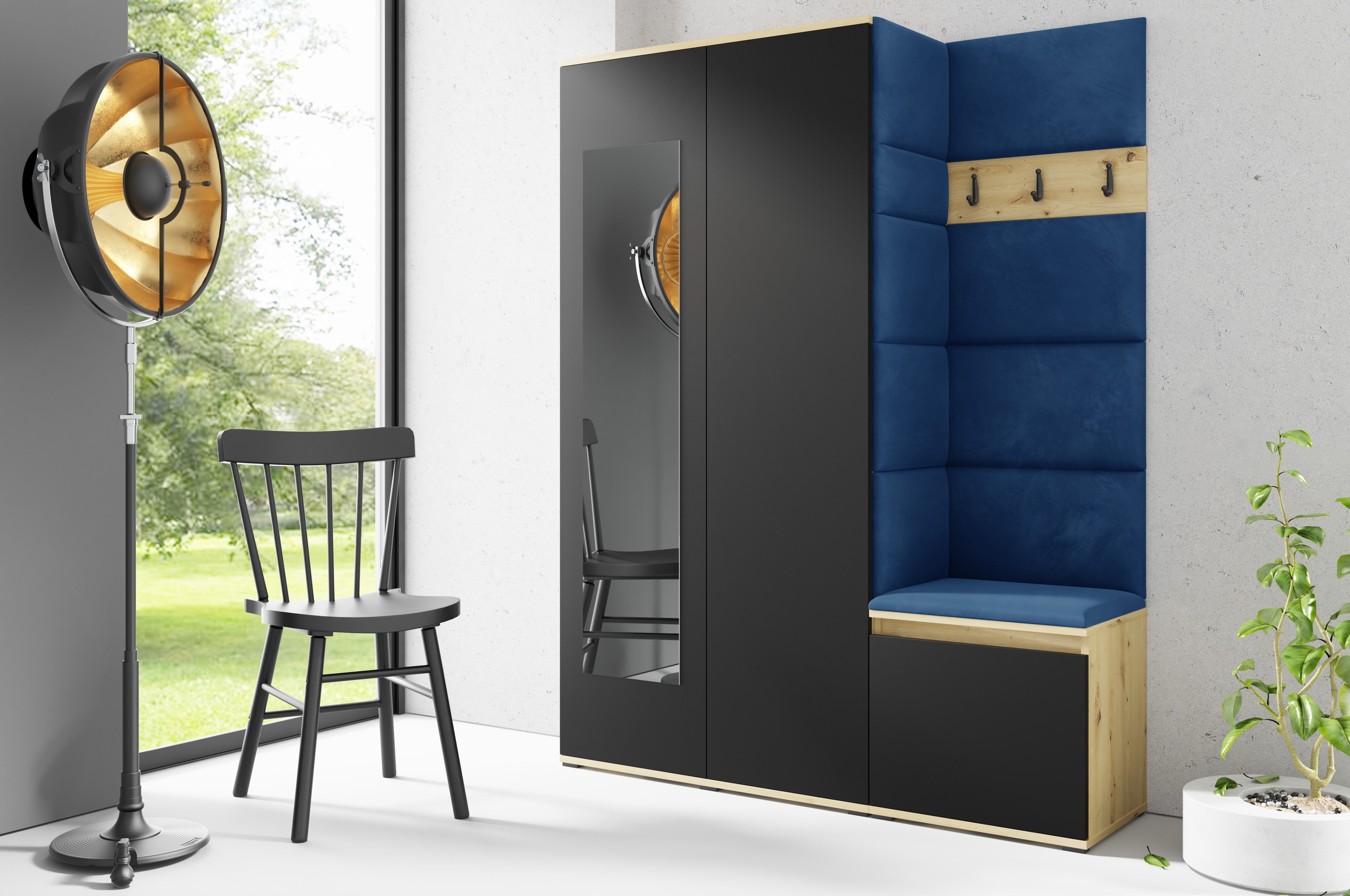 PK Emi 11 Flurgarderobe Artisan Eiche/Schwarz - Polsterpaneele in verschiedenen Farben