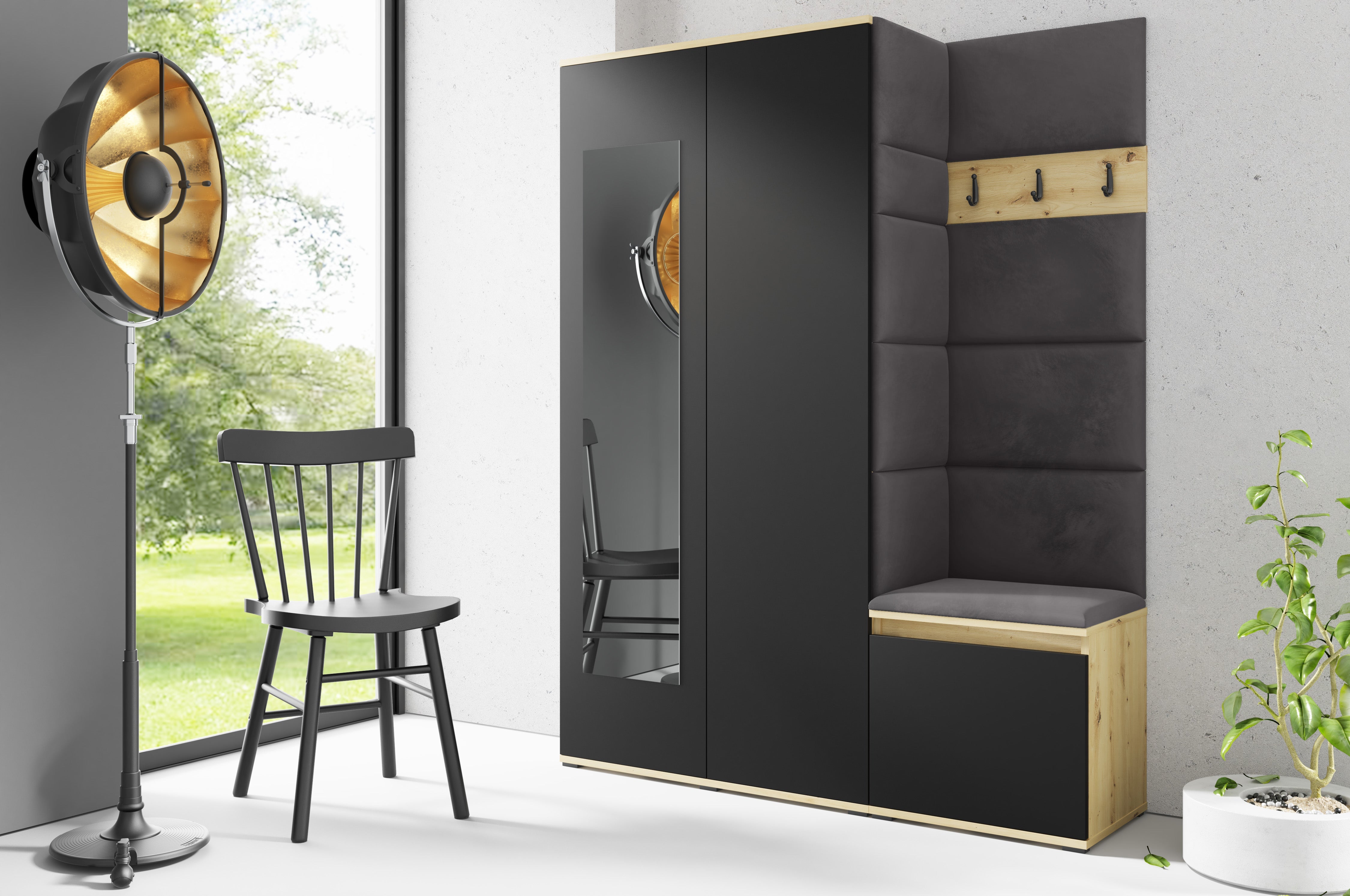 PK Emi 11 Flurgarderobe Artisan Eiche/Schwarz - Polsterpaneele in verschiedenen Farben