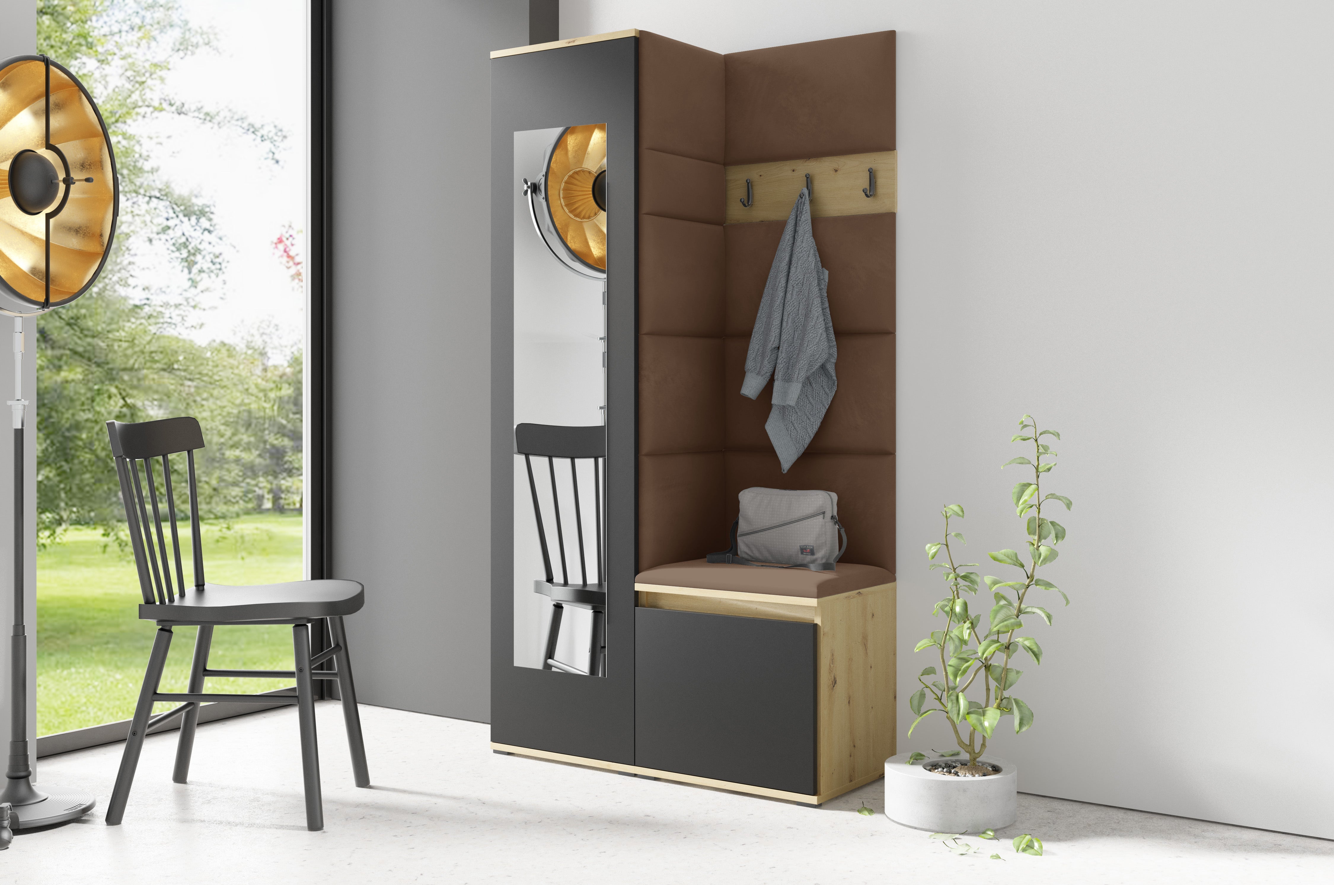 PK Emi 13 Flurgarderobe Artisan Eiche/Schwarz - Polsterpaneele in verschiedenen Farben