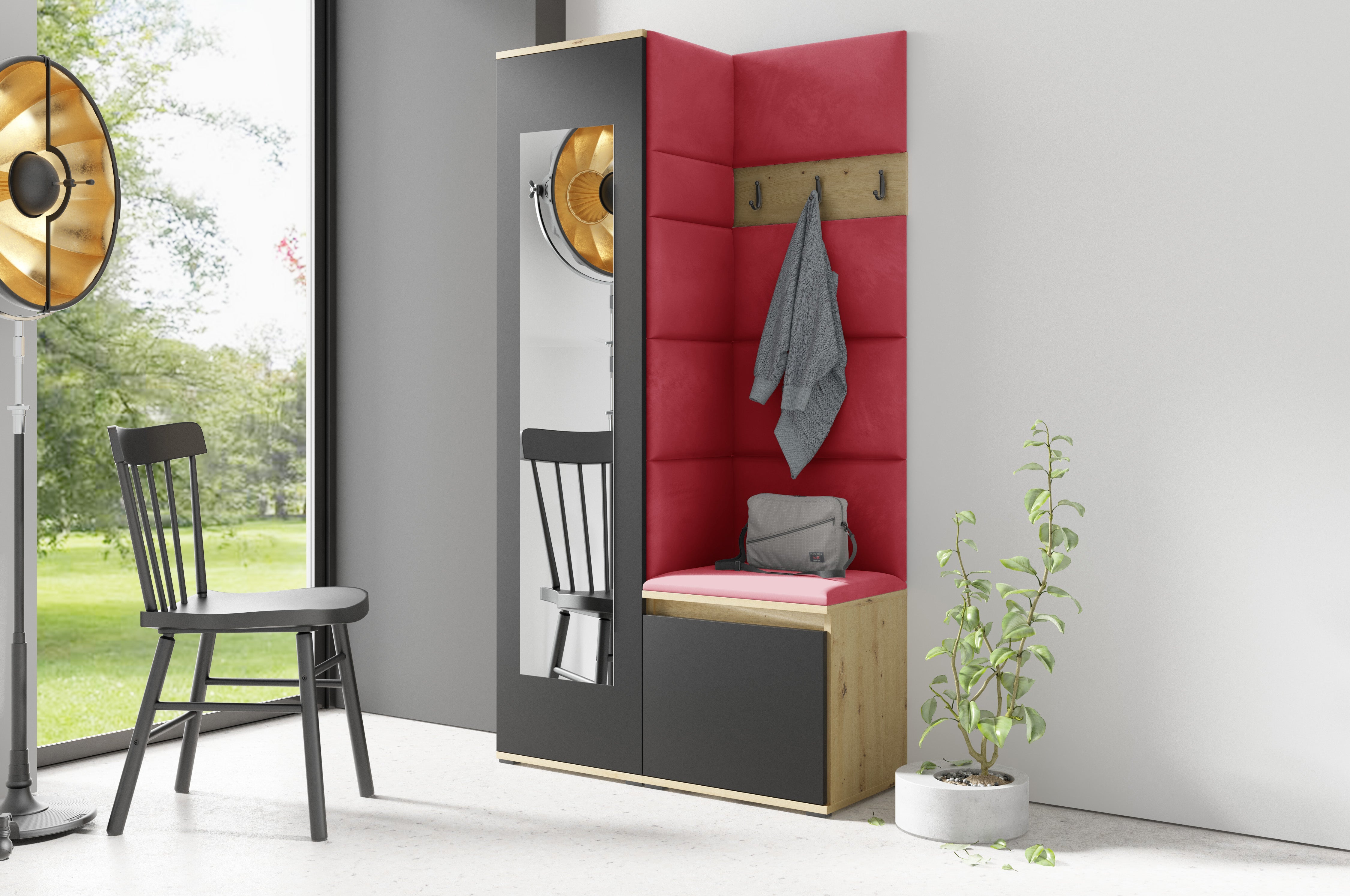 PK Emi 13 Flurgarderobe Artisan Eiche/Schwarz - Polsterpaneele in verschiedenen Farben