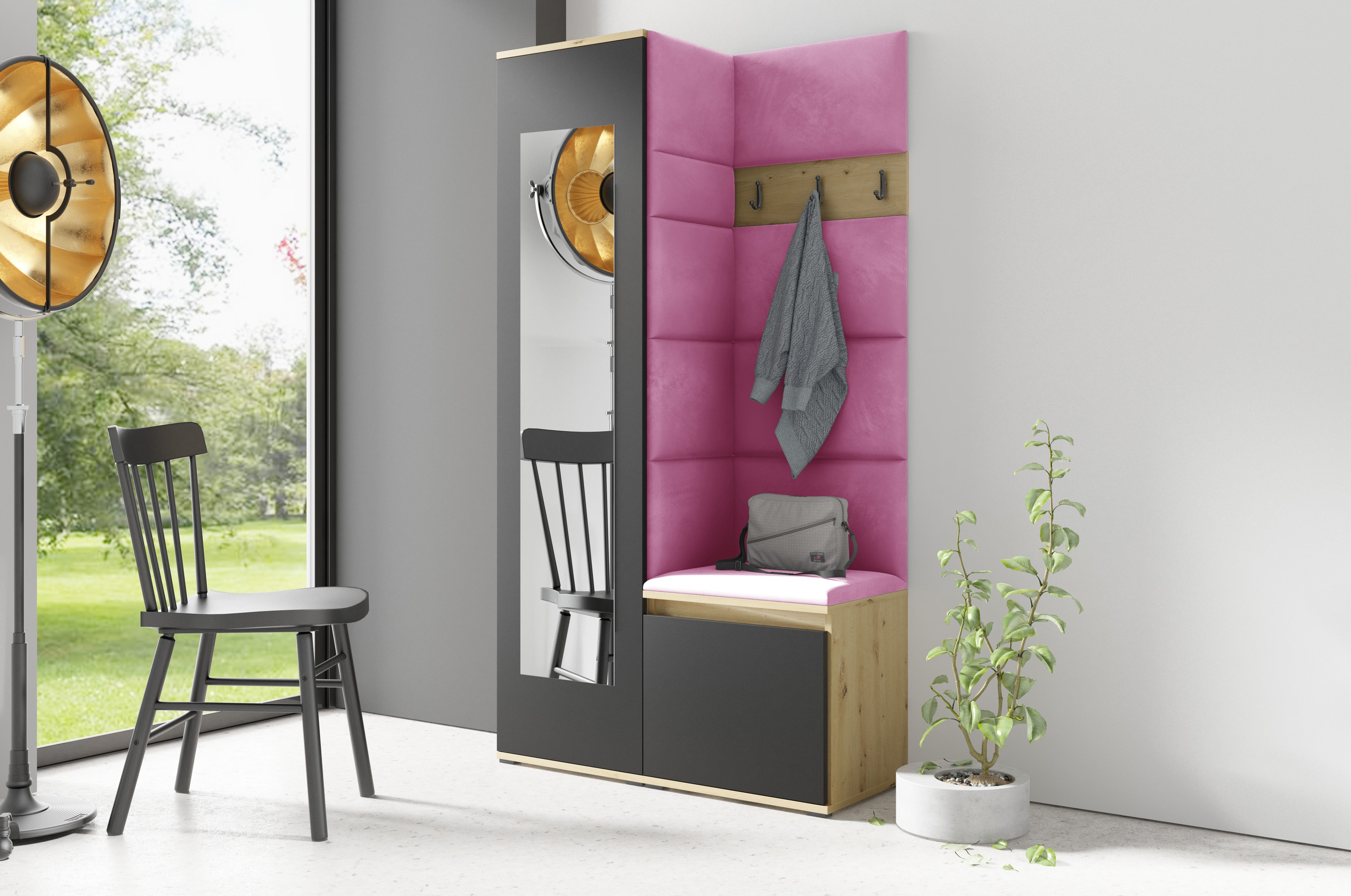 PK Emi 13 Flurgarderobe Artisan Eiche/Schwarz - Polsterpaneele in verschiedenen Farben