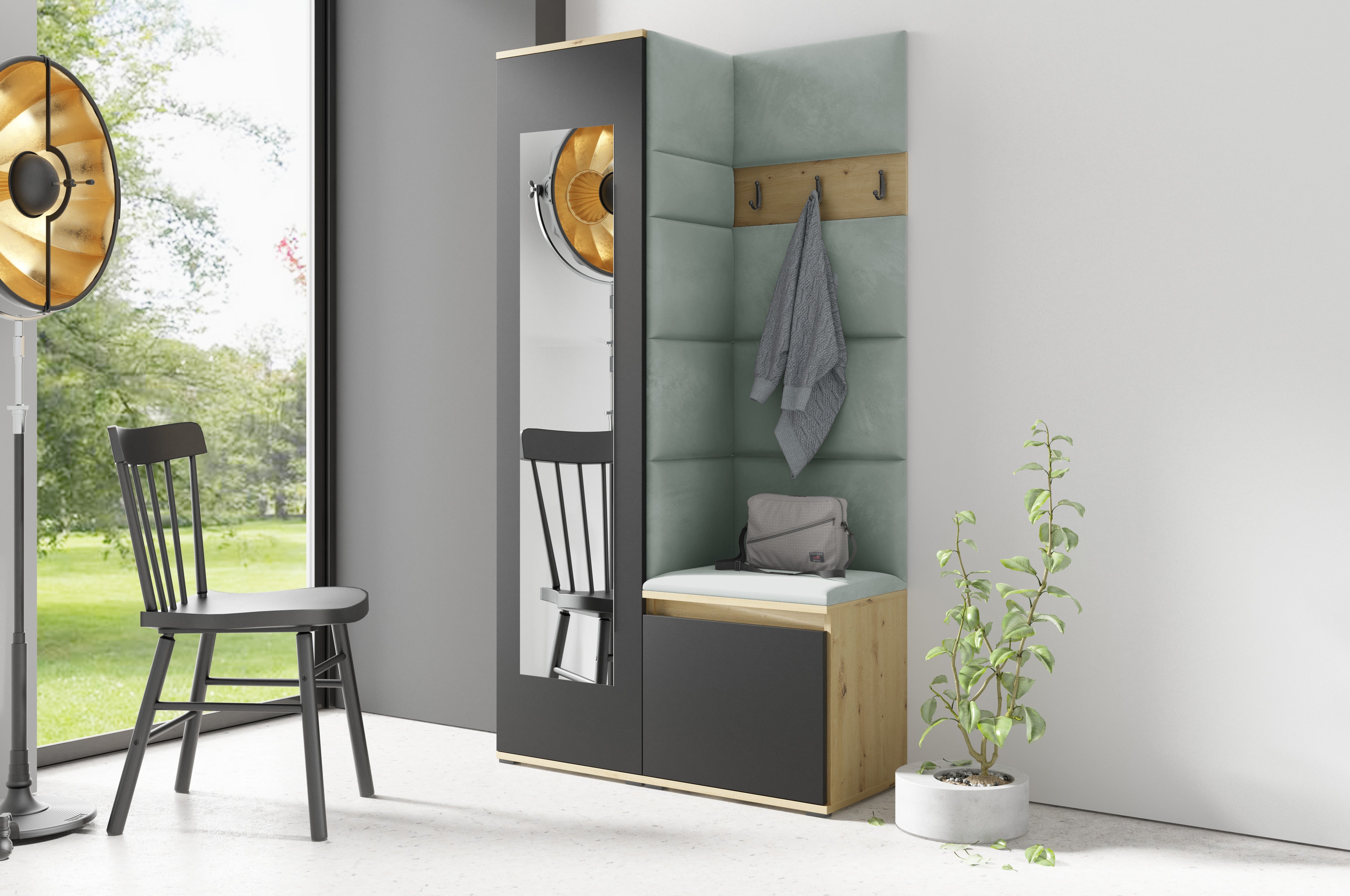 PK Emi 13 Flurgarderobe Artisan Eiche/Schwarz - Polsterpaneele in verschiedenen Farben