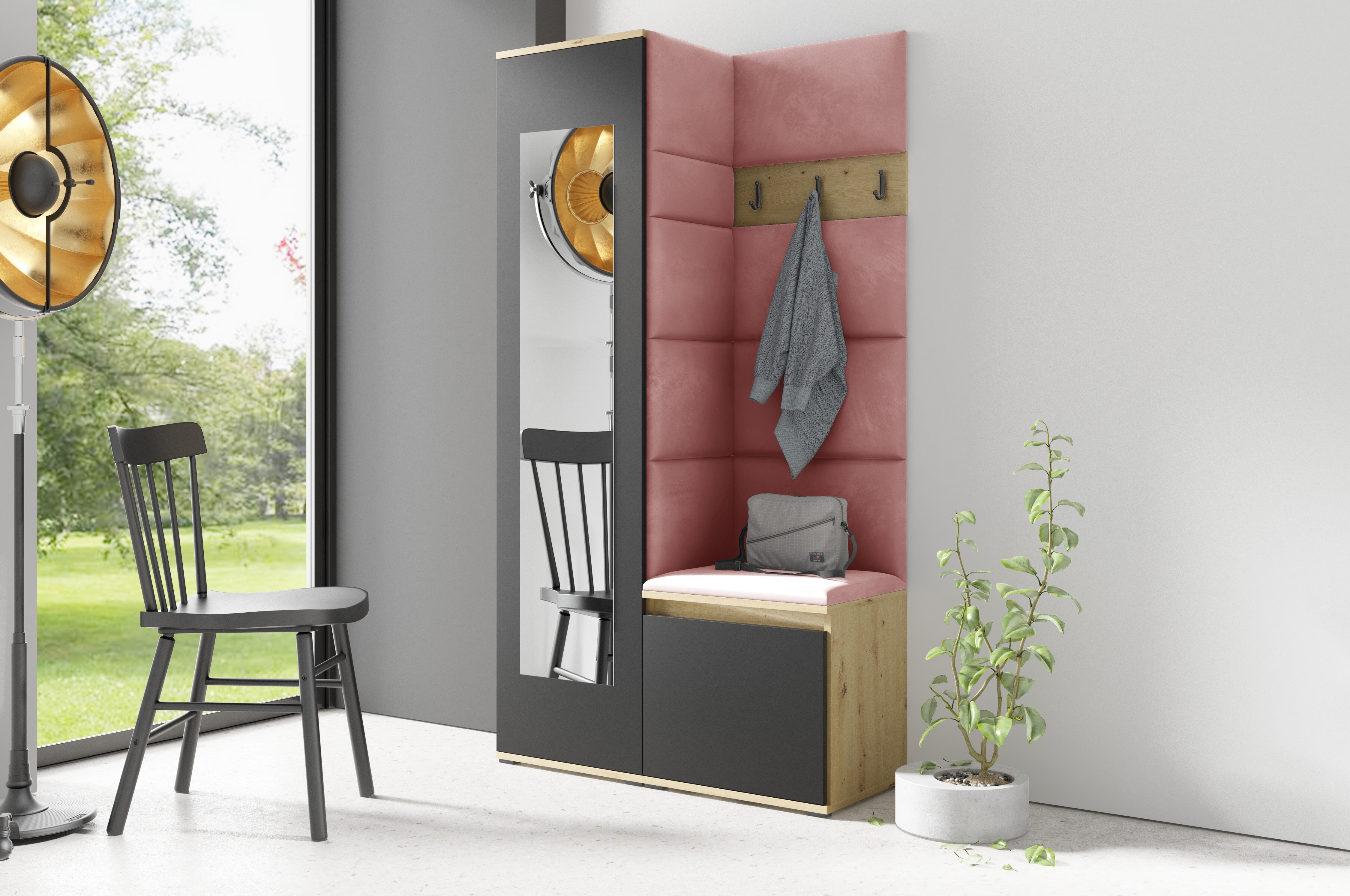 PK Emi 13 Flurgarderobe Artisan Eiche/Schwarz - Polsterpaneele in verschiedenen Farben