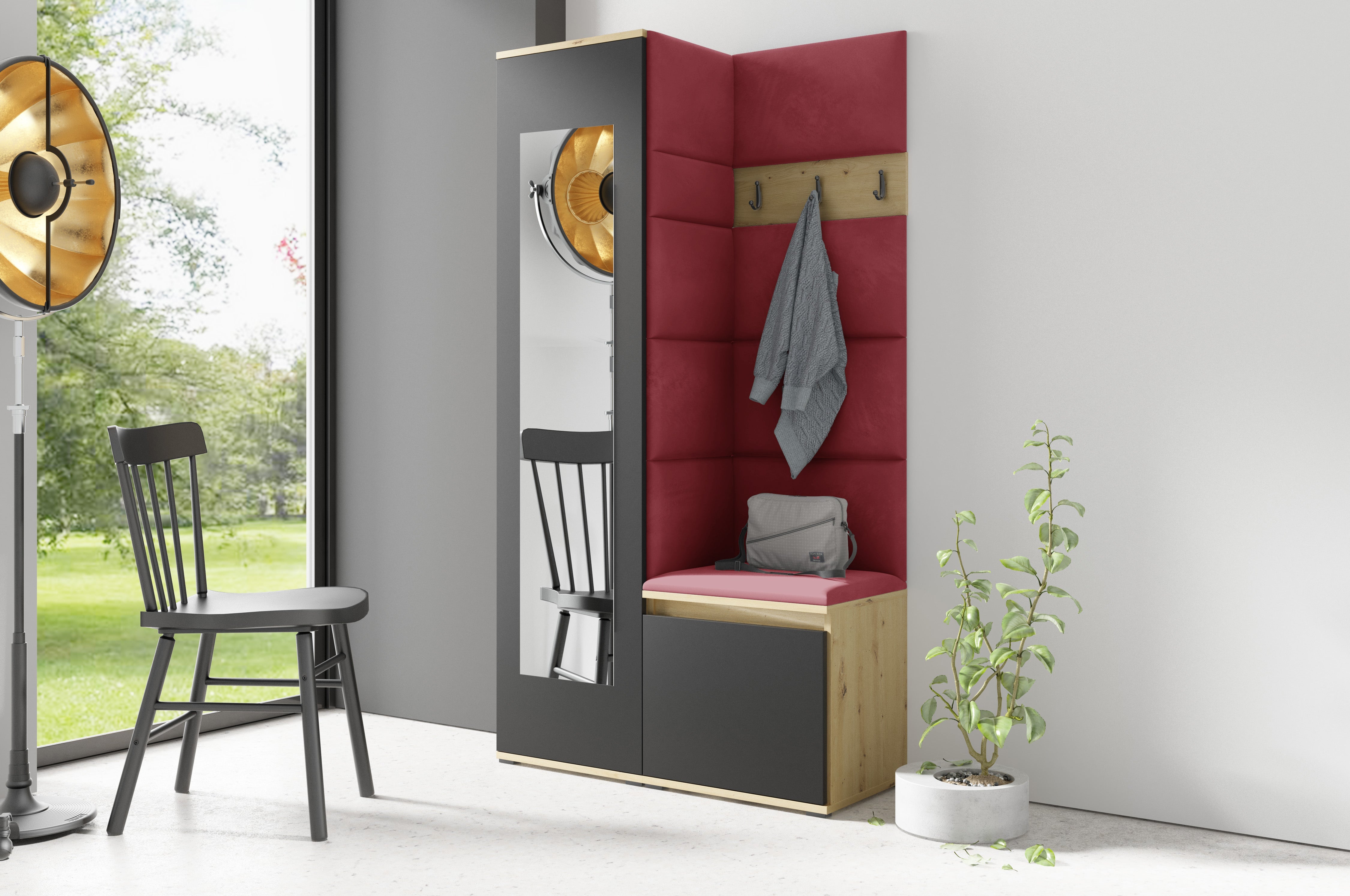 PK Emi 13 Flurgarderobe Artisan Eiche/Schwarz - Polsterpaneele in verschiedenen Farben