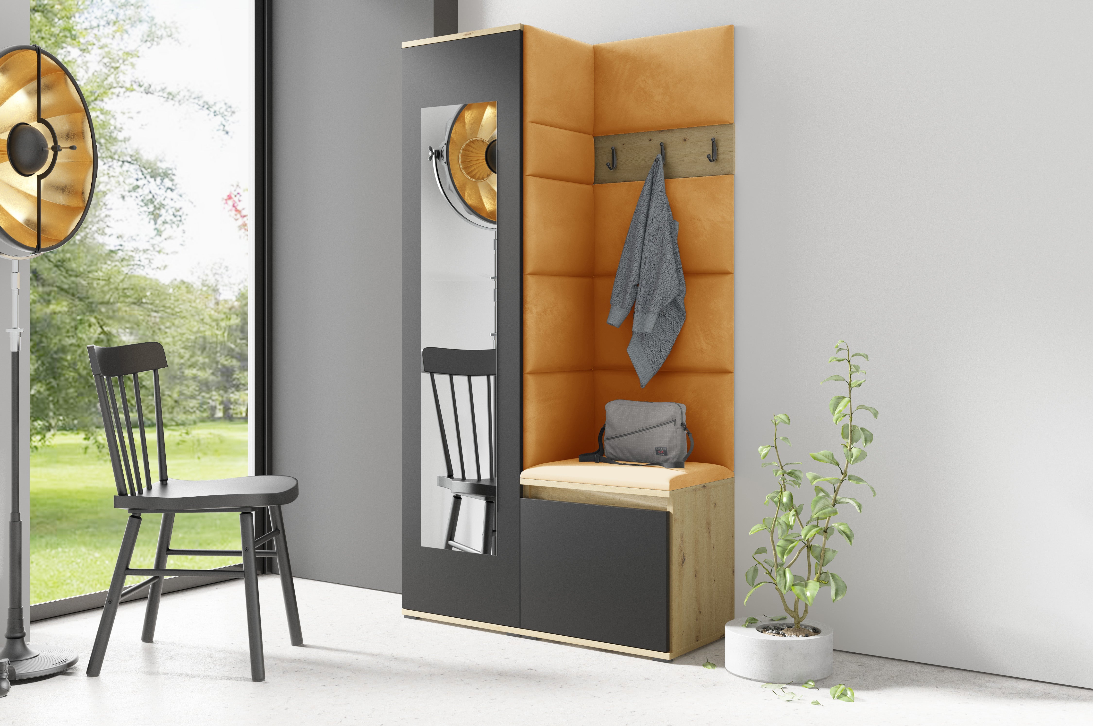 PK Emi 13 Flurgarderobe Artisan Eiche/Schwarz - Polsterpaneele in verschiedenen Farben