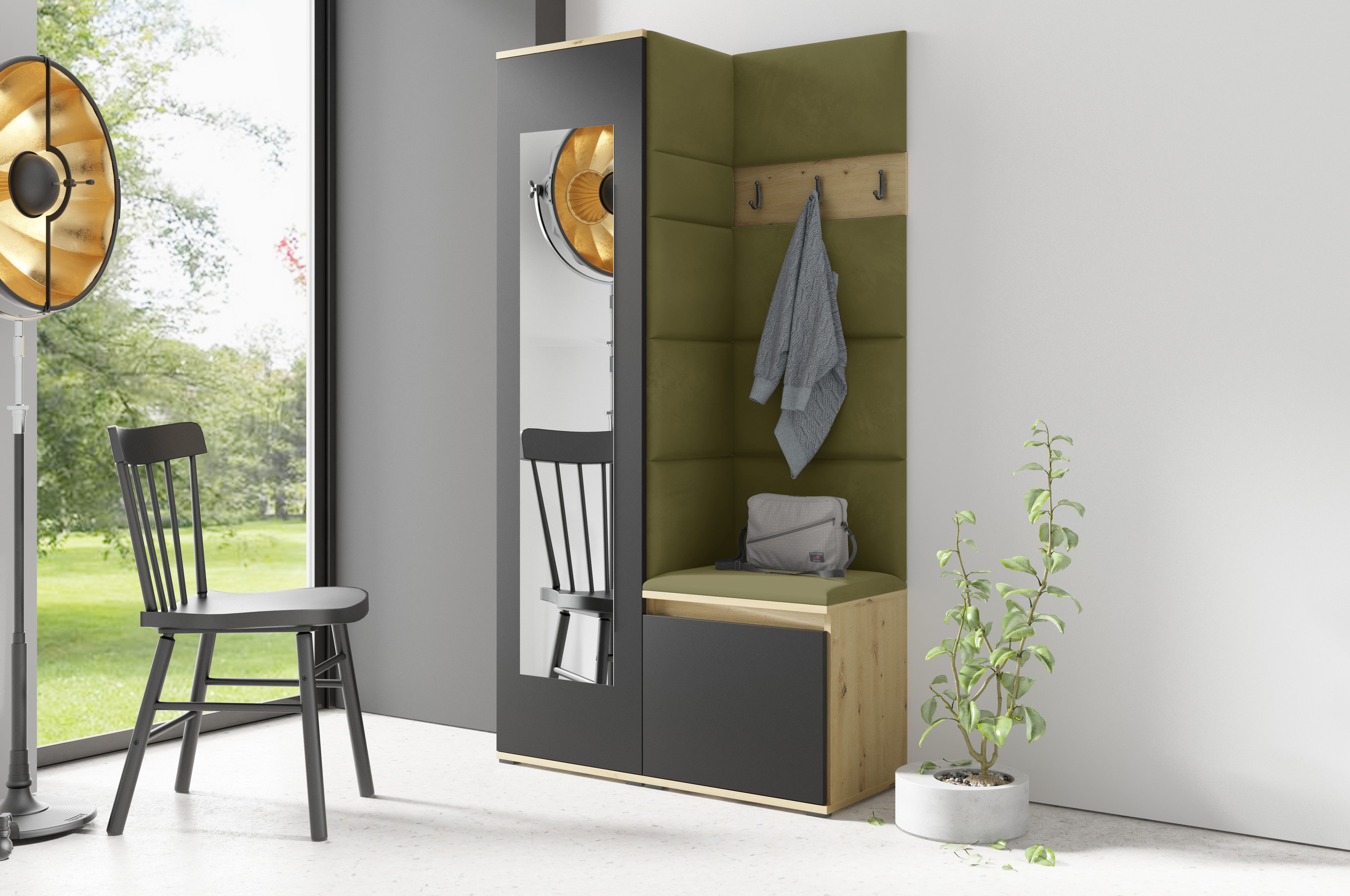 PK Emi 13 Flurgarderobe Artisan Eiche/Schwarz - Polsterpaneele in verschiedenen Farben