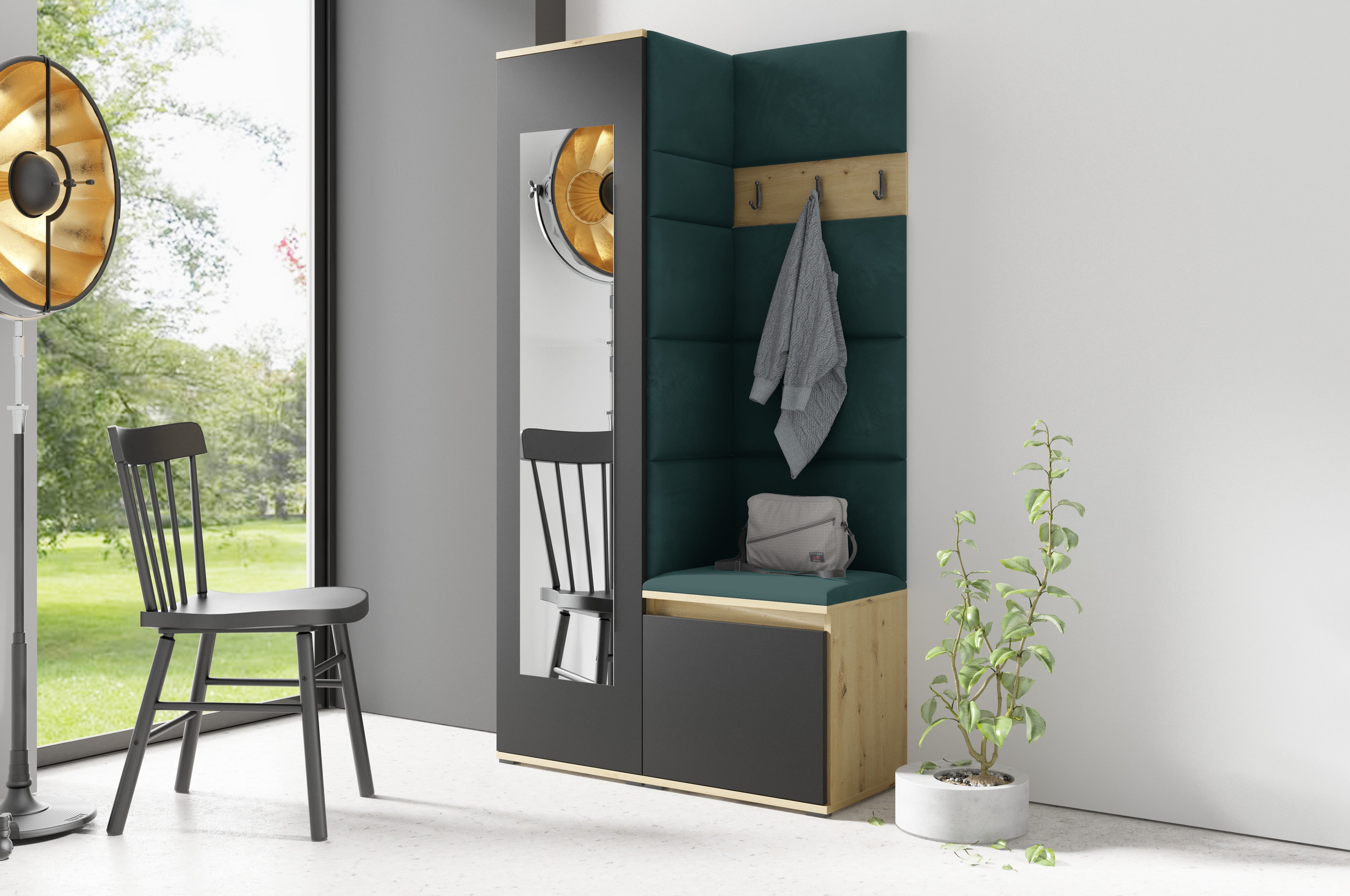 PK Emi 13 Flurgarderobe Artisan Eiche/Schwarz - Polsterpaneele in verschiedenen Farben